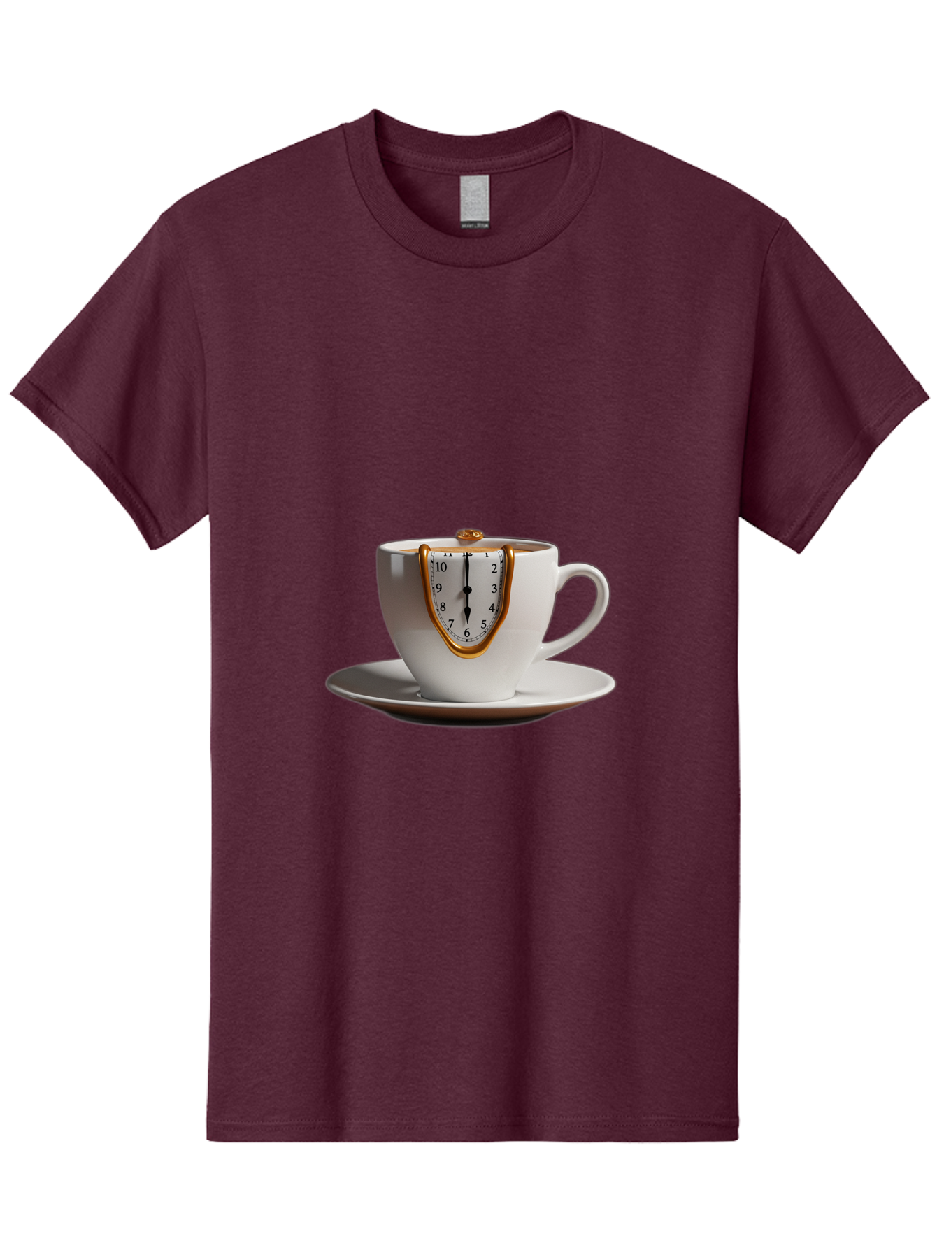 Melting-Clock-Coffee-Cup Men'S Graphic Tee, 100% Cotton, Comfortable Casual Summer Wear, Machine Washable, Surrealist Art, Melting Clock, White Porcelain Cup, Saucer, Clock Face, Salvador Dali, Gold Trim, Time Concept, Abstract Art, Bac185