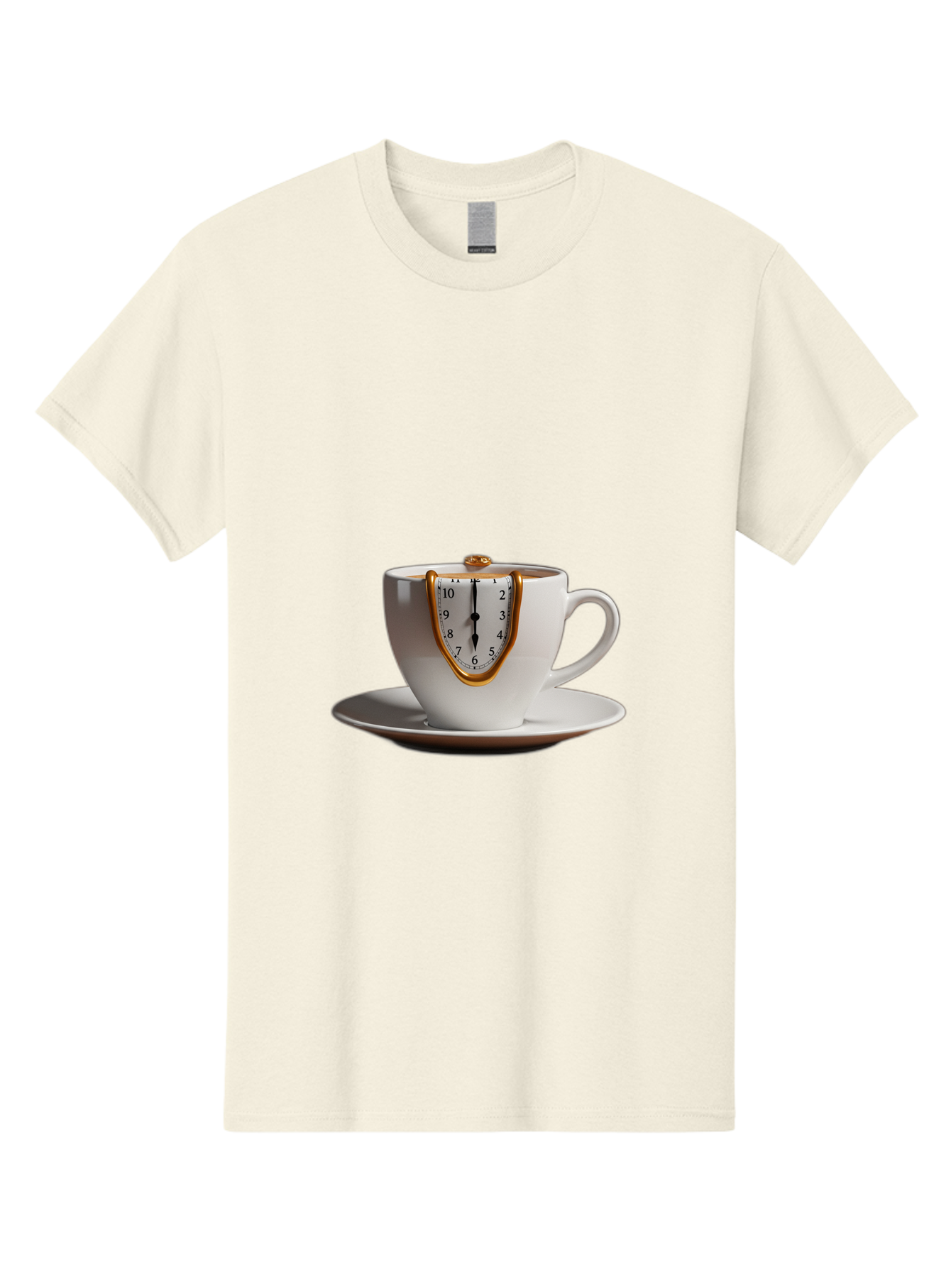 Melting-Clock-Coffee-Cup Men'S Graphic Tee, 100% Cotton, Comfortable Casual Summer Wear, Machine Washable, Surrealist Art, Melting Clock, White Porcelain Cup, Saucer, Clock Face, Salvador Dali, Gold Trim, Time Concept, Abstract Art, Bac185