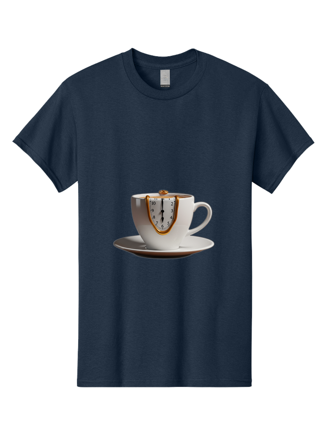 Melting-Clock-Coffee-Cup Men'S Graphic Tee, 100% Cotton, Comfortable Casual Summer Wear, Machine Washable, Surrealist Art, Melting Clock, White Porcelain Cup, Saucer, Clock Face, Salvador Dali, Gold Trim, Time Concept, Abstract Art, Bac185