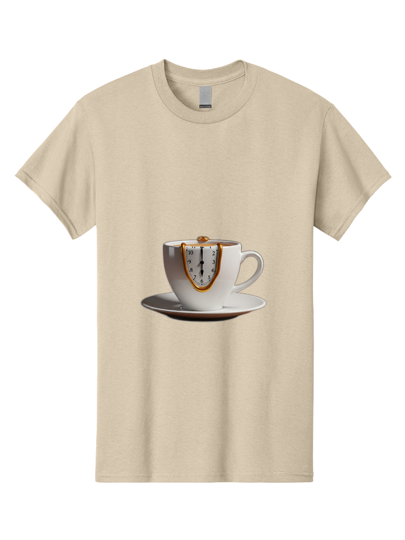 Melting-Clock-Coffee-Cup Men'S Graphic Tee, 100% Cotton, Comfortable Casual Summer Wear, Machine Washable, Surrealist Art, Melting Clock, White Porcelain Cup, Saucer, Clock Face, Salvador Dali, Gold Trim, Time Concept, Abstract Art, Bac185
