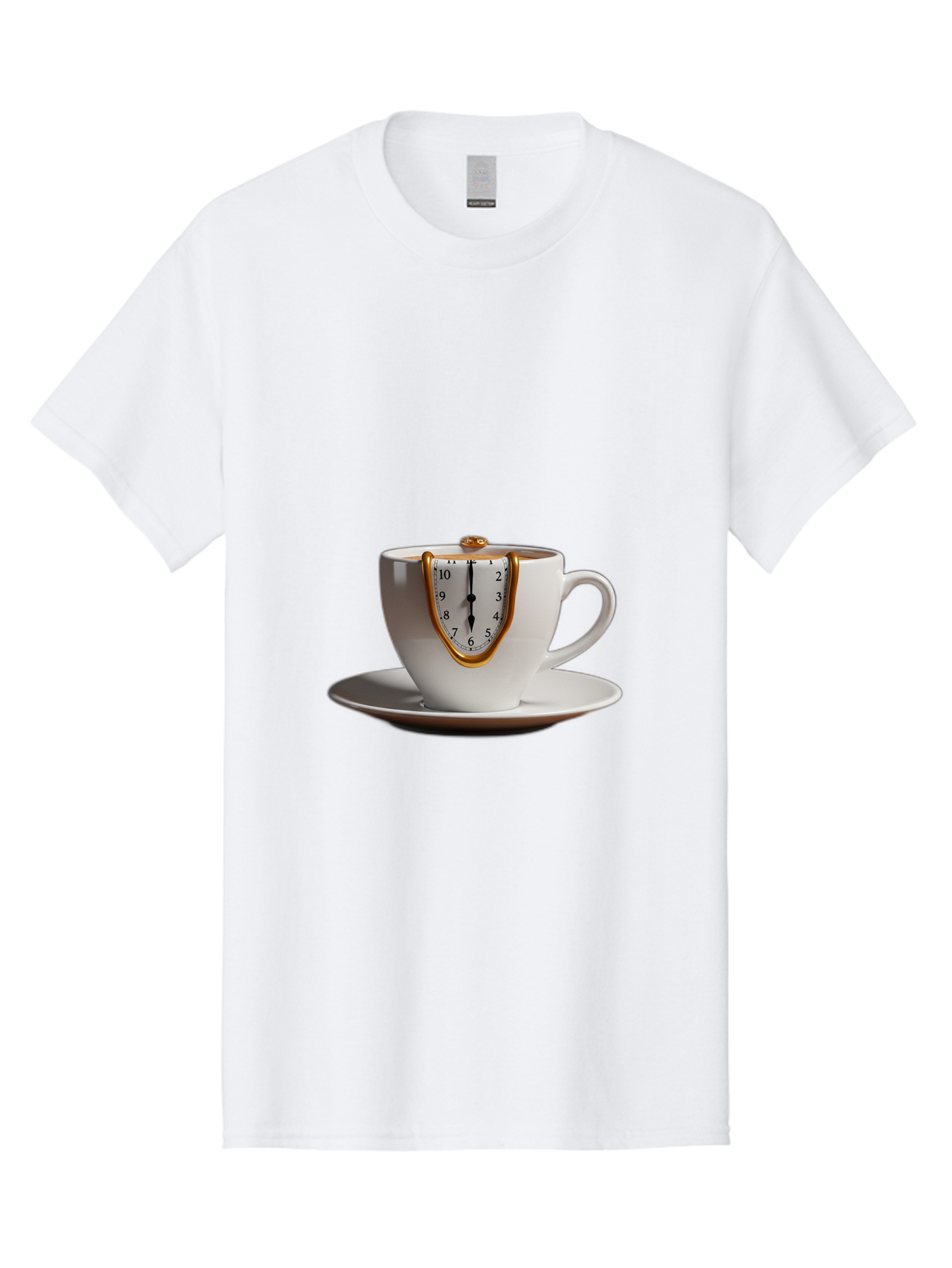 Melting-Clock-Coffee-Cup Men'S Graphic Tee, 100% Cotton, Comfortable Casual Summer Wear, Machine Washable, Surrealist Art, Melting Clock, White Porcelain Cup, Saucer, Clock Face, Salvador Dali, Gold Trim, Time Concept, Abstract Art, Bac185