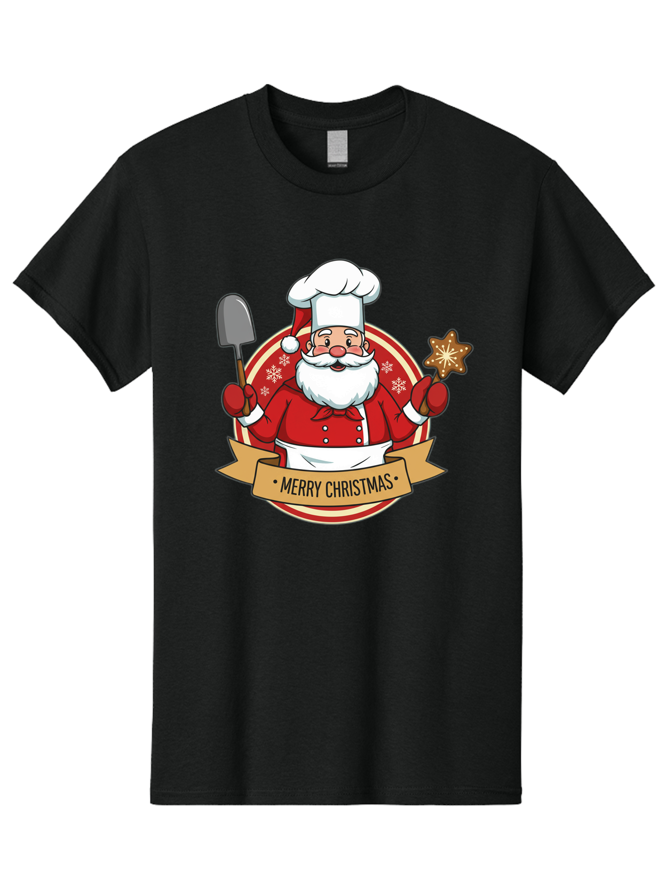 Merry-Christmas-Santa-1 Men'S Graphic Tee, 100% Cotton, Comfortable Casual Summer Wear, Machine Washable, Santa Claus As A Chef, Merry Christmas Banner, Gingerbread Star, Red And White Uniform, Snowflakes, Holiday Baking, Festive Season, Bac186