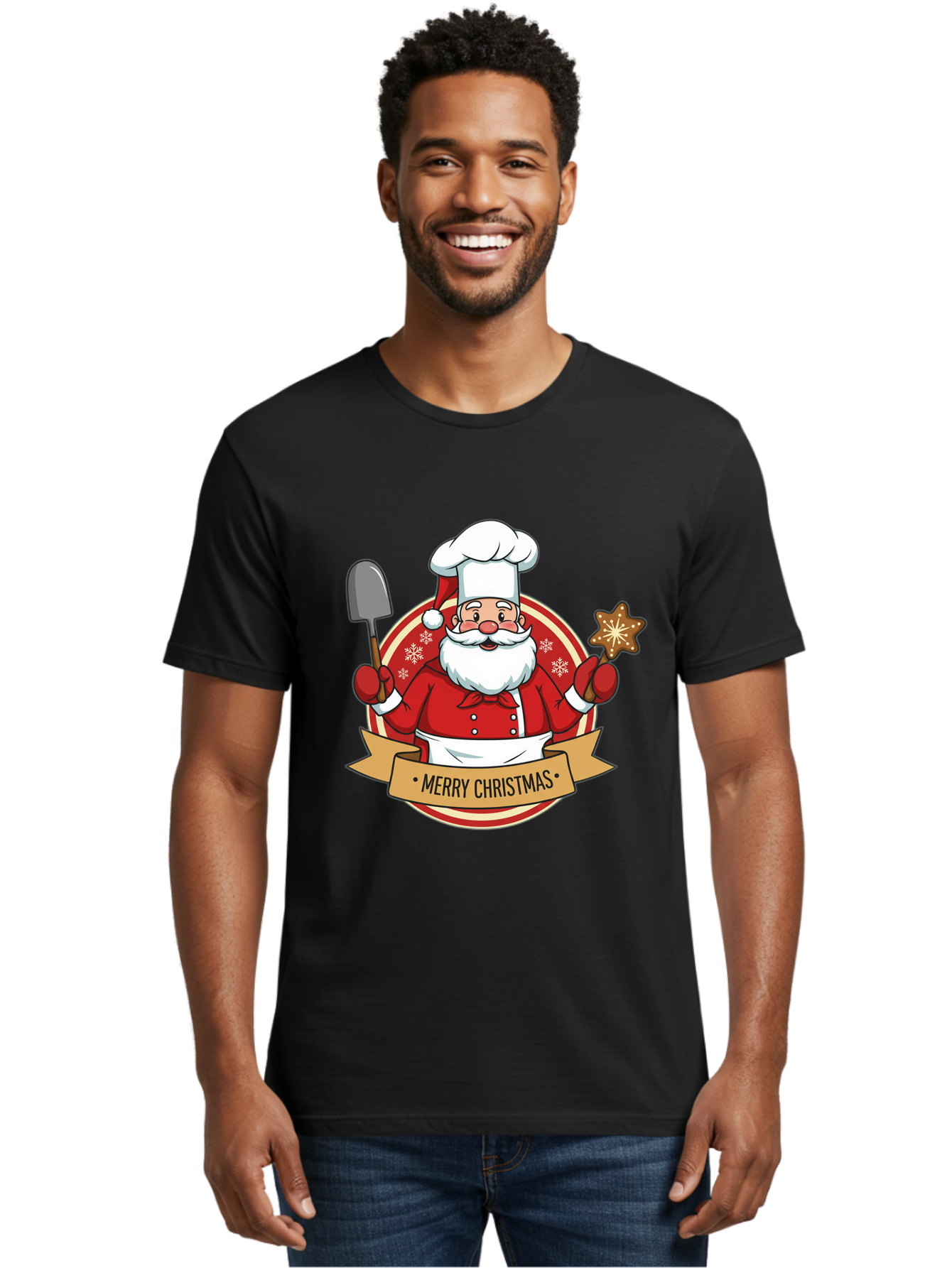 Merry-Christmas-Santa-1 Men'S Graphic Tee, 100% Cotton, Comfortable Casual Summer Wear, Machine Washable, Santa Claus As A Chef, Merry Christmas Banner, Gingerbread Star, Red And White Uniform, Snowflakes, Holiday Baking, Festive Season, Bac186