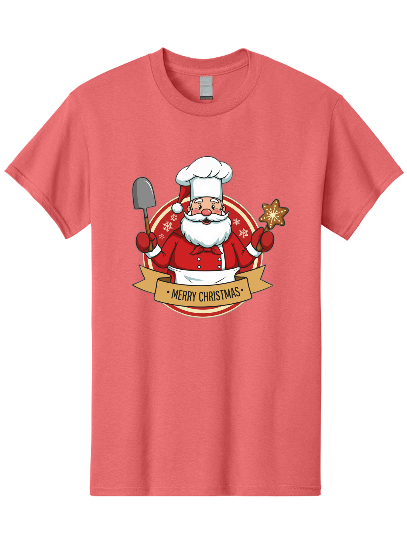 Merry-Christmas-Santa-1 Men'S Graphic Tee, 100% Cotton, Comfortable Casual Summer Wear, Machine Washable, Santa Claus As A Chef, Merry Christmas Banner, Gingerbread Star, Red And White Uniform, Snowflakes, Holiday Baking, Festive Season, Bac186