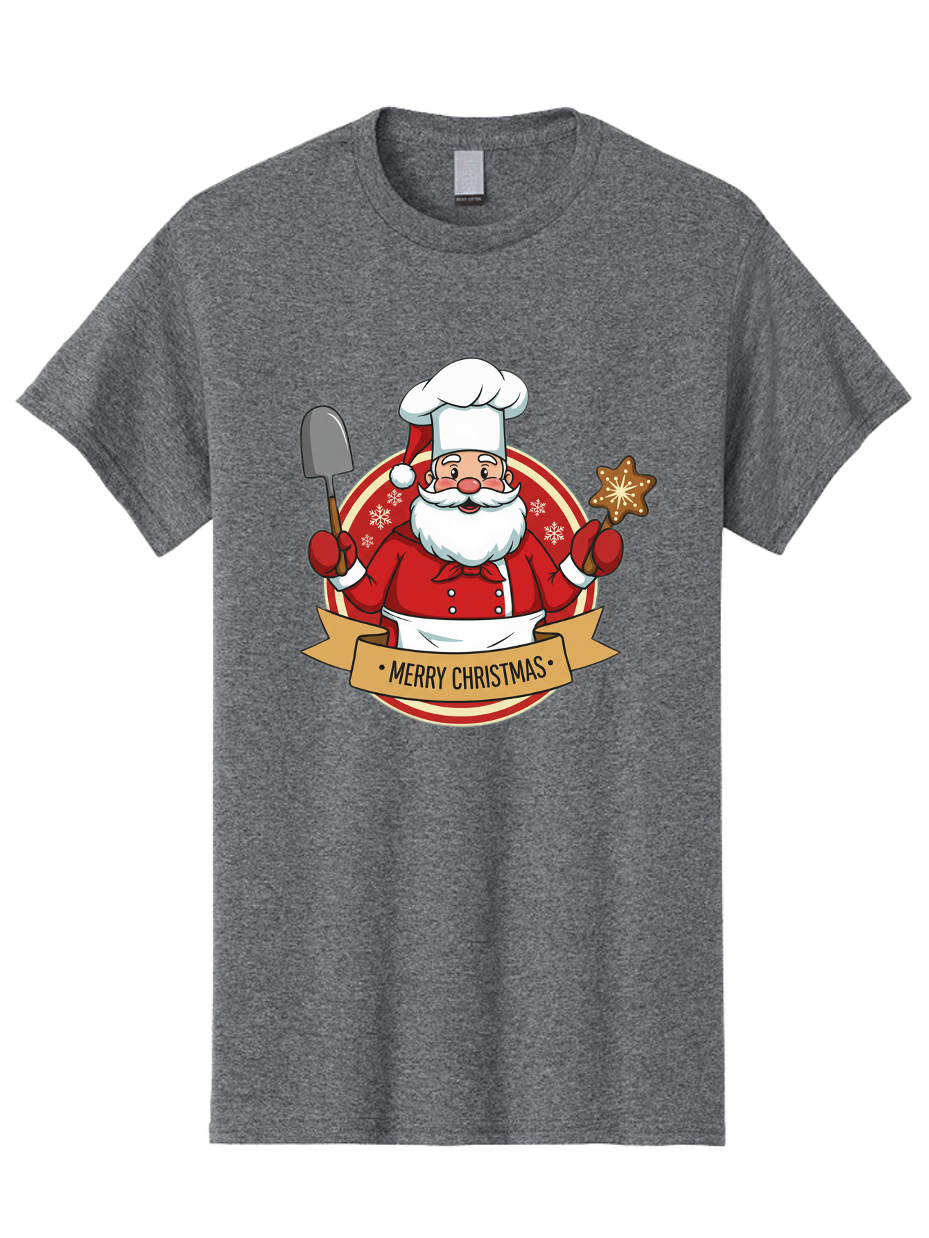 Merry-Christmas-Santa-1 Men'S Graphic Tee, 100% Cotton, Comfortable Casual Summer Wear, Machine Washable, Santa Claus As A Chef, Merry Christmas Banner, Gingerbread Star, Red And White Uniform, Snowflakes, Holiday Baking, Festive Season, Bac186