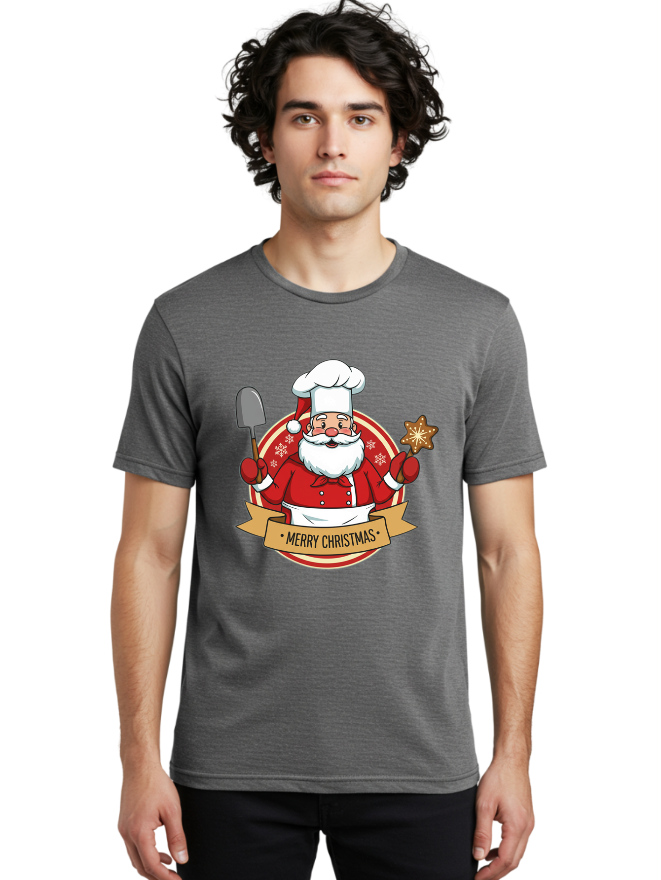 Merry-Christmas-Santa-1 Men'S Graphic Tee, 100% Cotton, Comfortable Casual Summer Wear, Machine Washable, Santa Claus As A Chef, Merry Christmas Banner, Gingerbread Star, Red And White Uniform, Snowflakes, Holiday Baking, Festive Season, Bac186