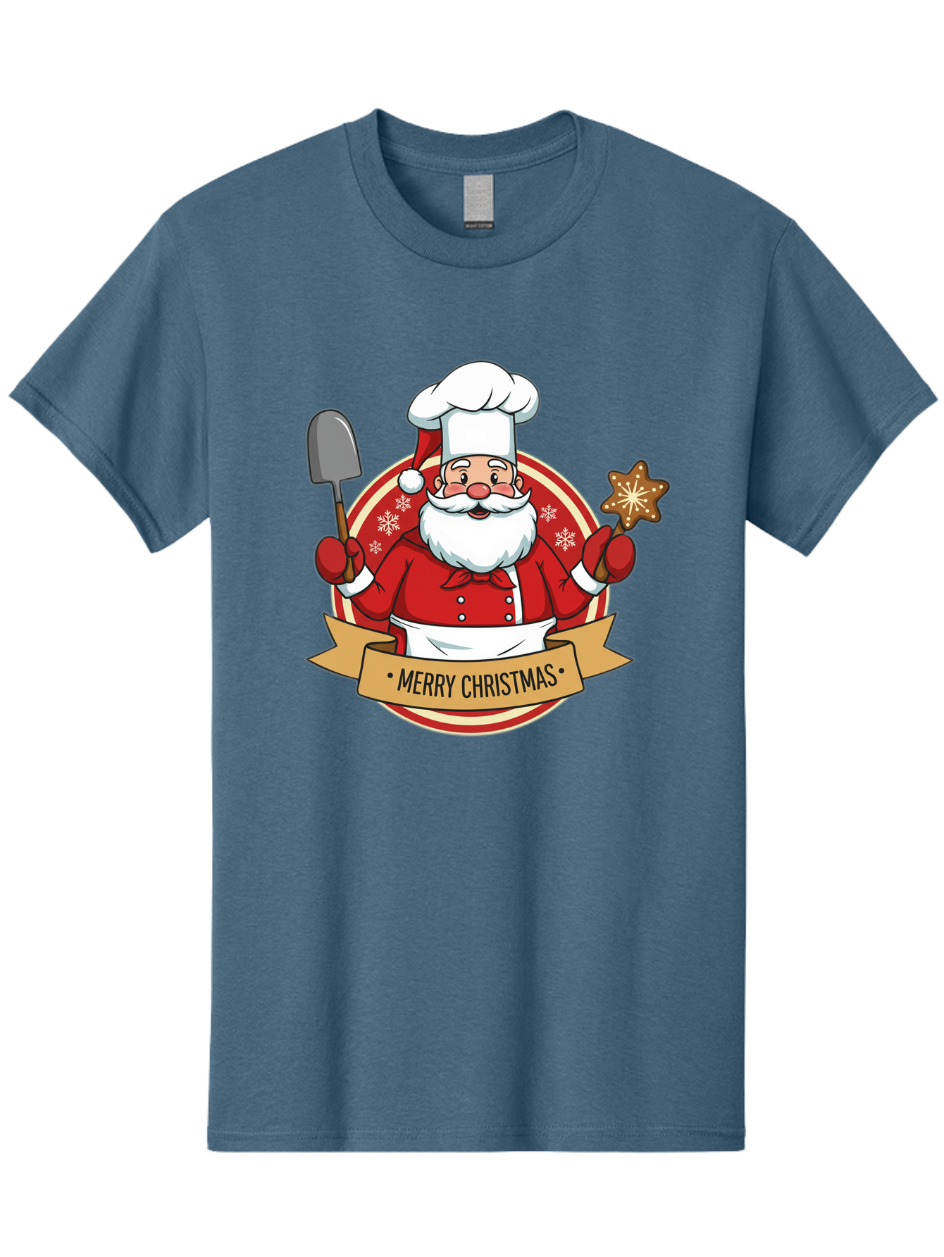 Merry-Christmas-Santa-1 Men'S Graphic Tee, 100% Cotton, Comfortable Casual Summer Wear, Machine Washable, Santa Claus As A Chef, Merry Christmas Banner, Gingerbread Star, Red And White Uniform, Snowflakes, Holiday Baking, Festive Season, Bac186