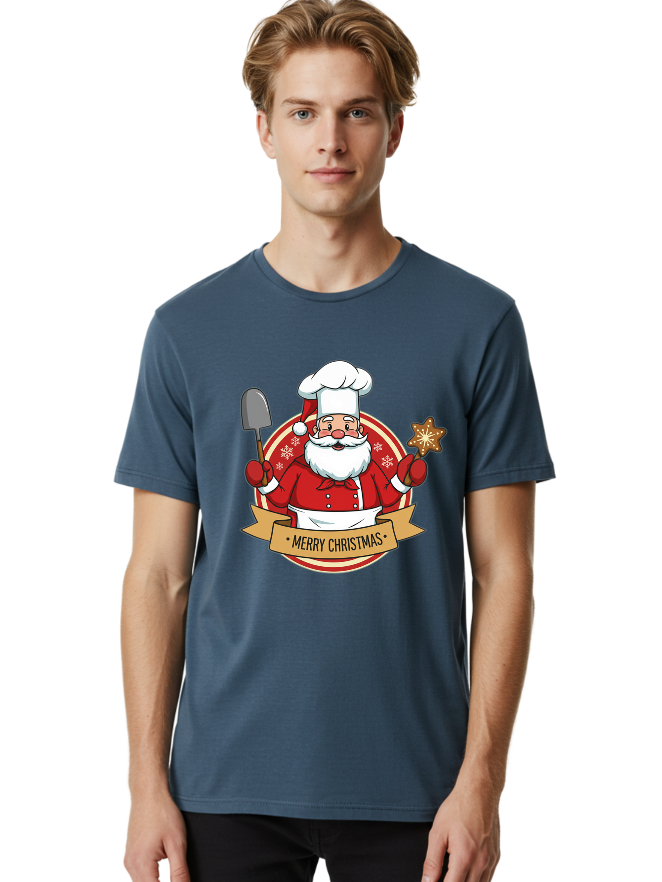 Merry-Christmas-Santa-1 Men'S Graphic Tee, 100% Cotton, Comfortable Casual Summer Wear, Machine Washable, Santa Claus As A Chef, Merry Christmas Banner, Gingerbread Star, Red And White Uniform, Snowflakes, Holiday Baking, Festive Season, Bac186