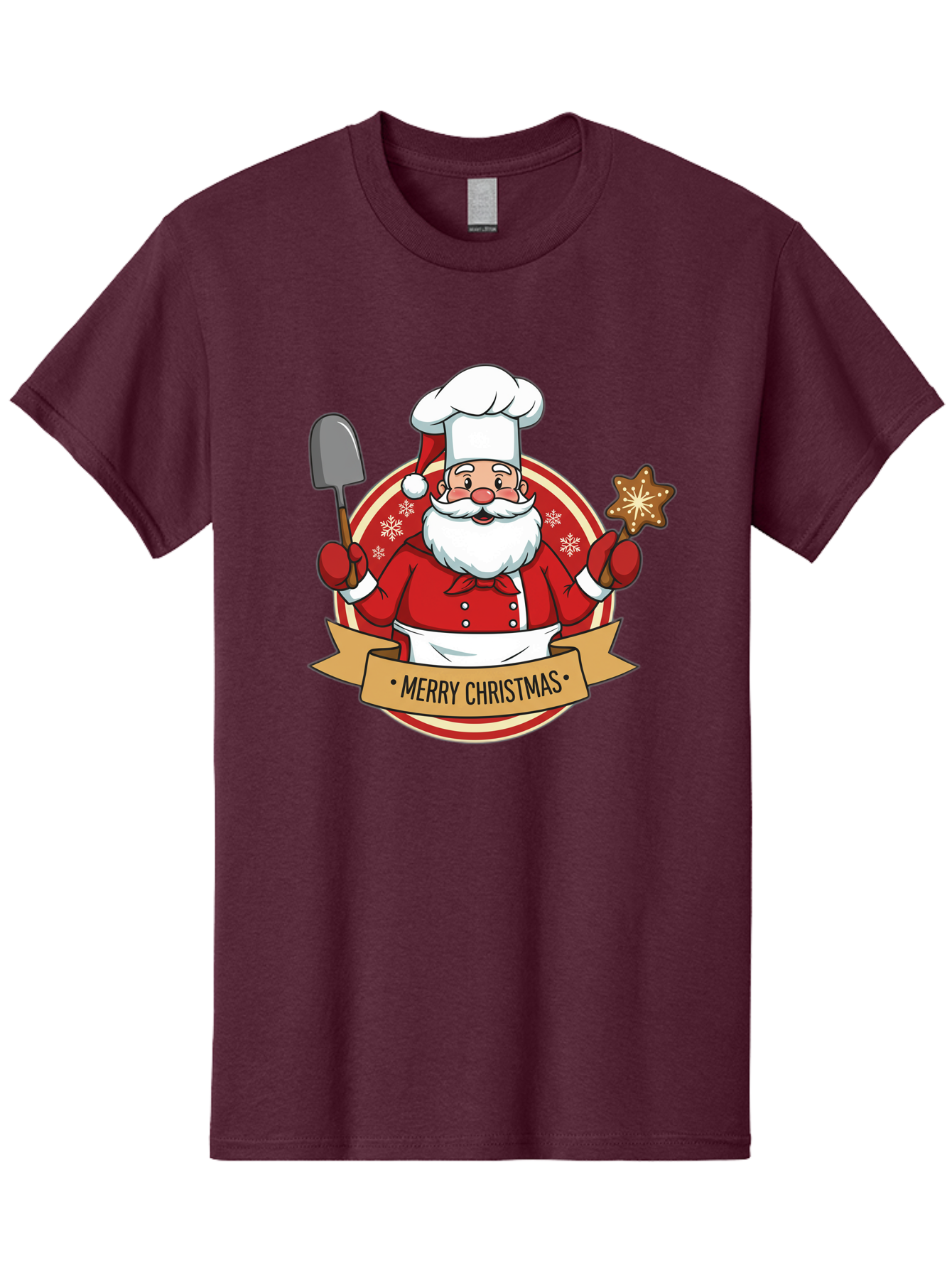Merry-Christmas-Santa-1 Men'S Graphic Tee, 100% Cotton, Comfortable Casual Summer Wear, Machine Washable, Santa Claus As A Chef, Merry Christmas Banner, Gingerbread Star, Red And White Uniform, Snowflakes, Holiday Baking, Festive Season, Bac186