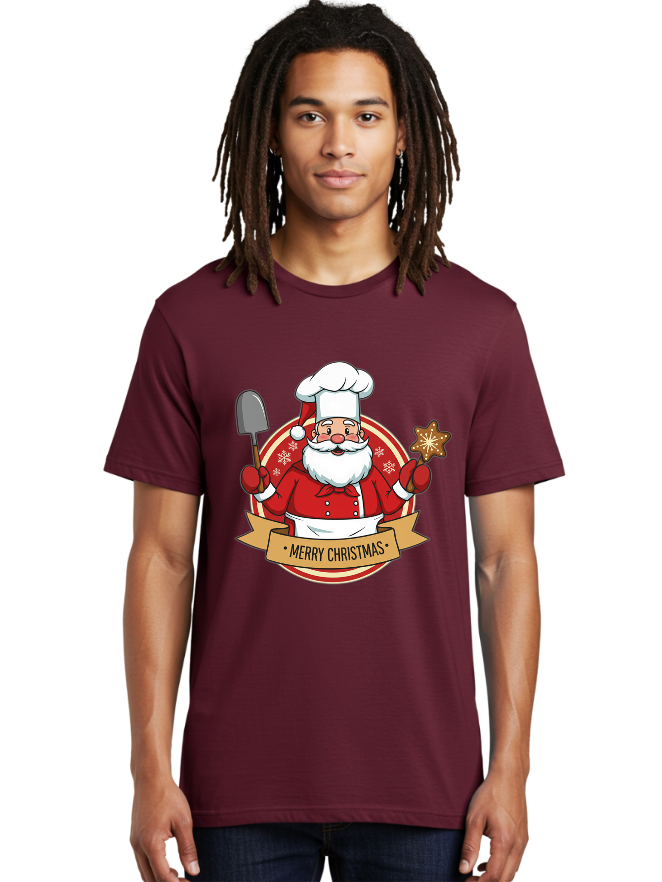 Merry-Christmas-Santa-1 Men'S Graphic Tee, 100% Cotton, Comfortable Casual Summer Wear, Machine Washable, Santa Claus As A Chef, Merry Christmas Banner, Gingerbread Star, Red And White Uniform, Snowflakes, Holiday Baking, Festive Season, Bac186