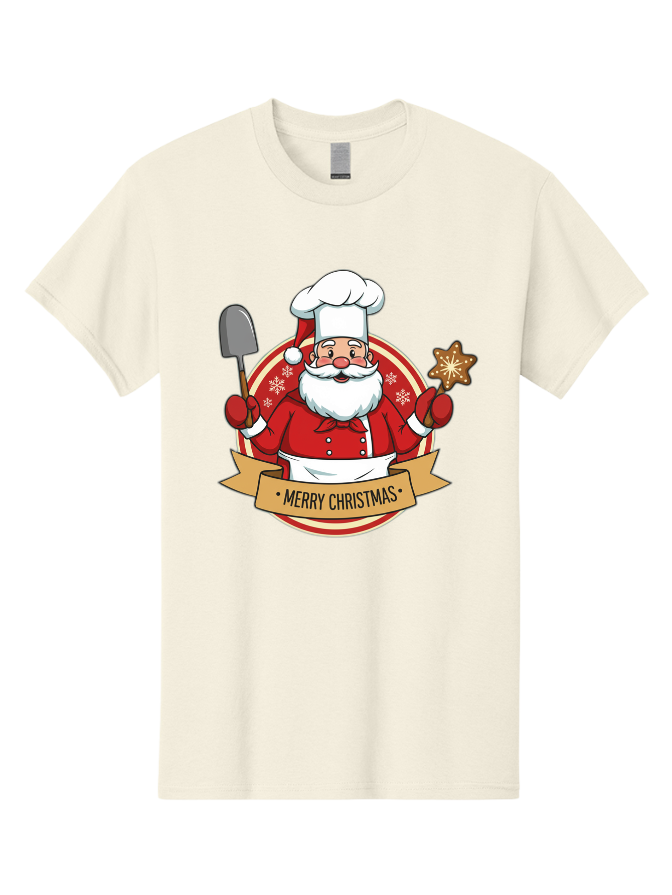 Merry-Christmas-Santa-1 Men'S Graphic Tee, 100% Cotton, Comfortable Casual Summer Wear, Machine Washable, Santa Claus As A Chef, Merry Christmas Banner, Gingerbread Star, Red And White Uniform, Snowflakes, Holiday Baking, Festive Season, Bac186
