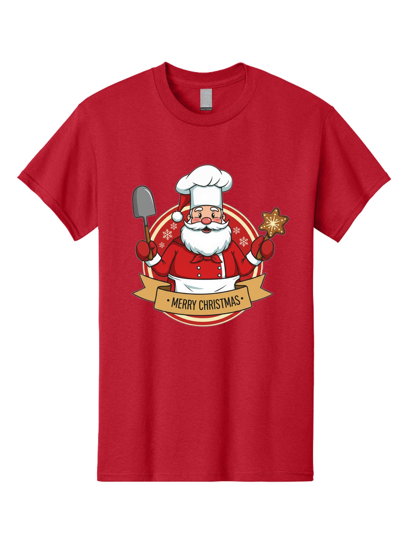 Merry-Christmas-Santa-1 Men'S Graphic Tee, 100% Cotton, Comfortable Casual Summer Wear, Machine Washable, Santa Claus As A Chef, Merry Christmas Banner, Gingerbread Star, Red And White Uniform, Snowflakes, Holiday Baking, Festive Season, Bac186