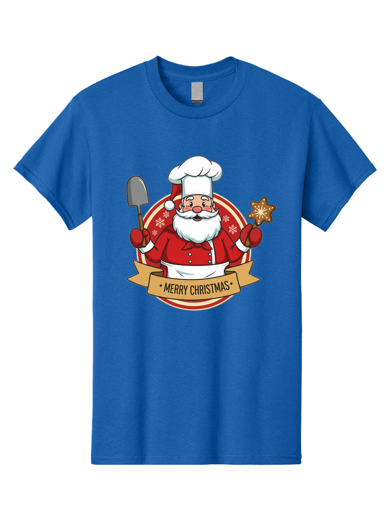 Merry-Christmas-Santa-1 Men'S Graphic Tee, 100% Cotton, Comfortable Casual Summer Wear, Machine Washable, Santa Claus As A Chef, Merry Christmas Banner, Gingerbread Star, Red And White Uniform, Snowflakes, Holiday Baking, Festive Season, Bac186