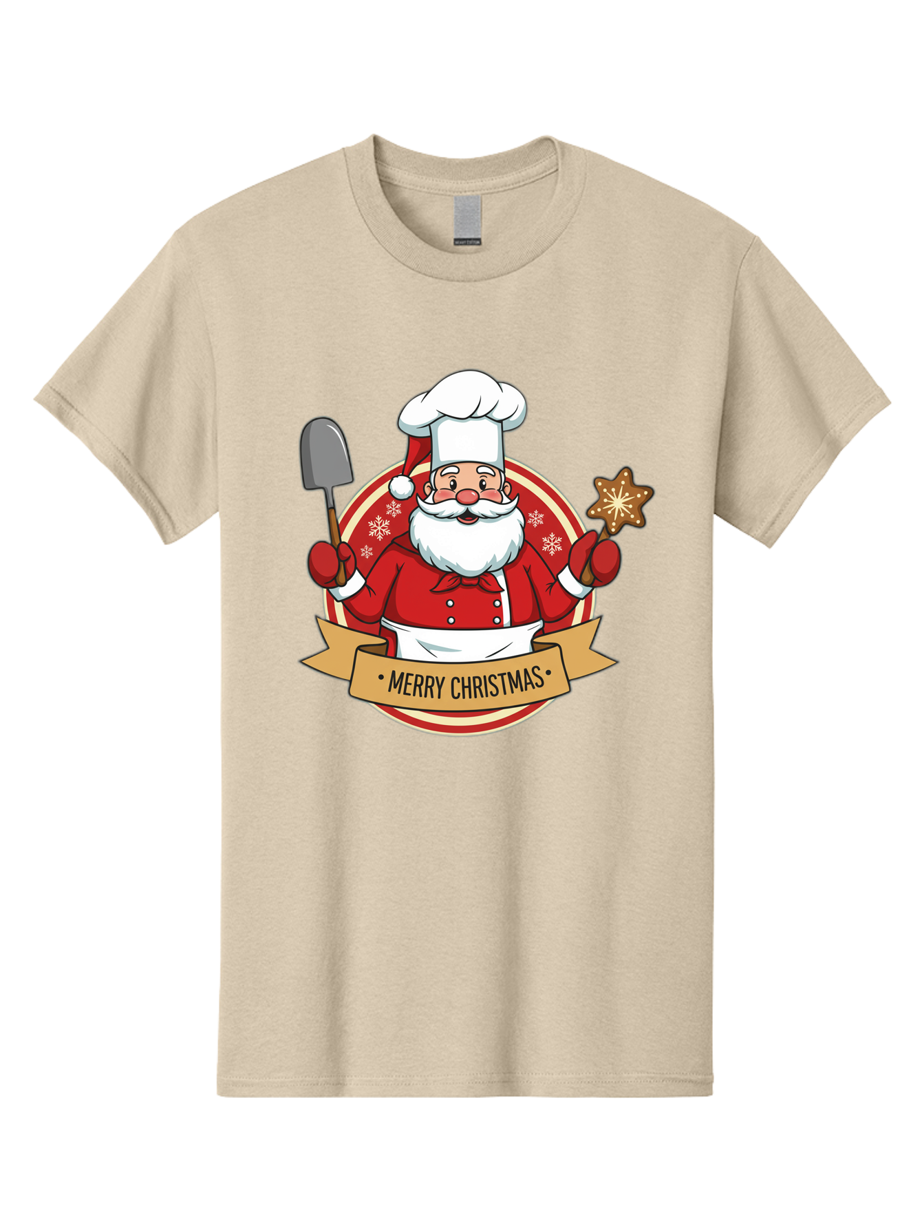 Merry-Christmas-Santa-1 Men'S Graphic Tee, 100% Cotton, Comfortable Casual Summer Wear, Machine Washable, Santa Claus As A Chef, Merry Christmas Banner, Gingerbread Star, Red And White Uniform, Snowflakes, Holiday Baking, Festive Season, Bac186