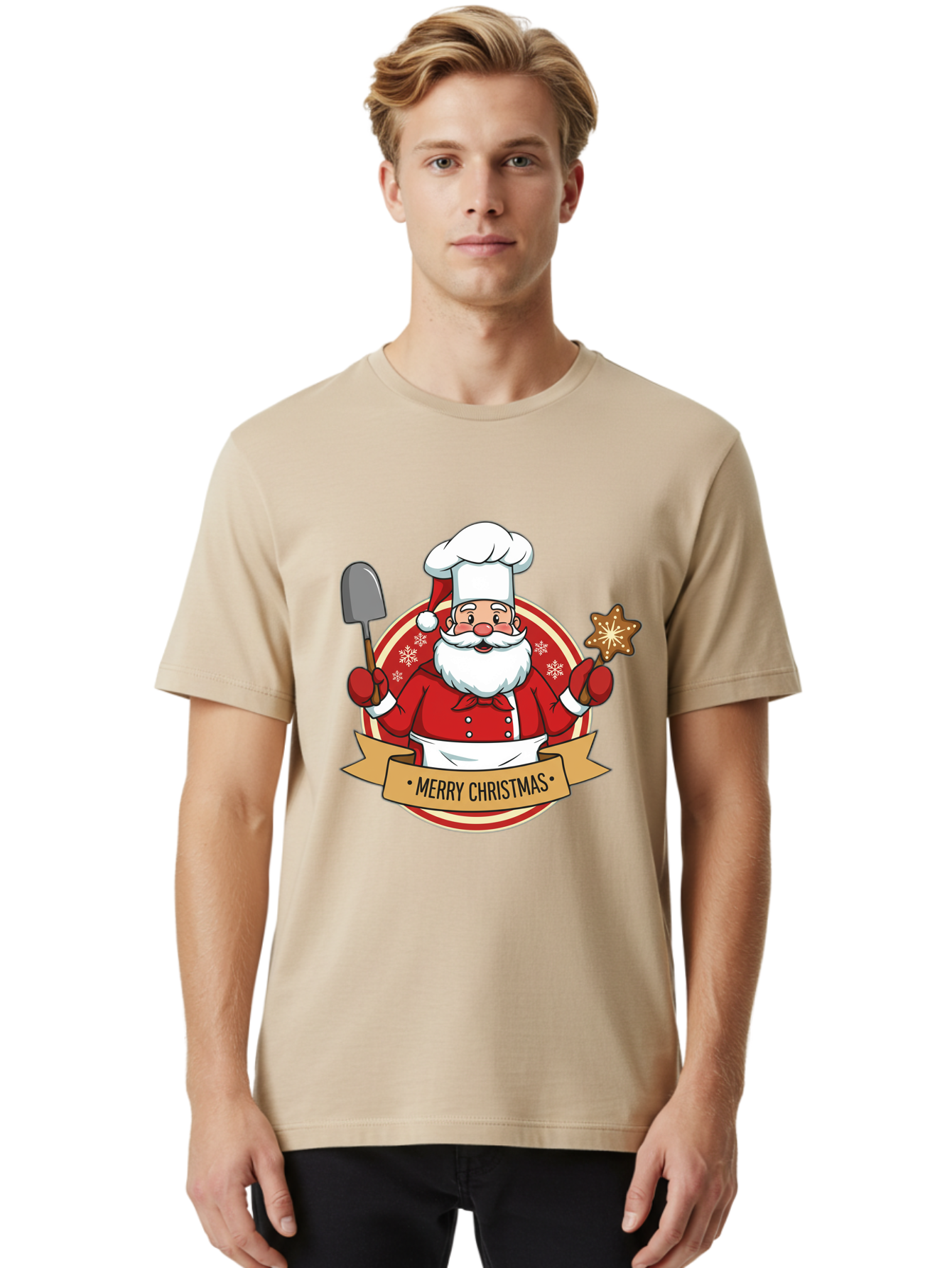 Merry-Christmas-Santa-1 Men'S Graphic Tee, 100% Cotton, Comfortable Casual Summer Wear, Machine Washable, Santa Claus As A Chef, Merry Christmas Banner, Gingerbread Star, Red And White Uniform, Snowflakes, Holiday Baking, Festive Season, Bac186