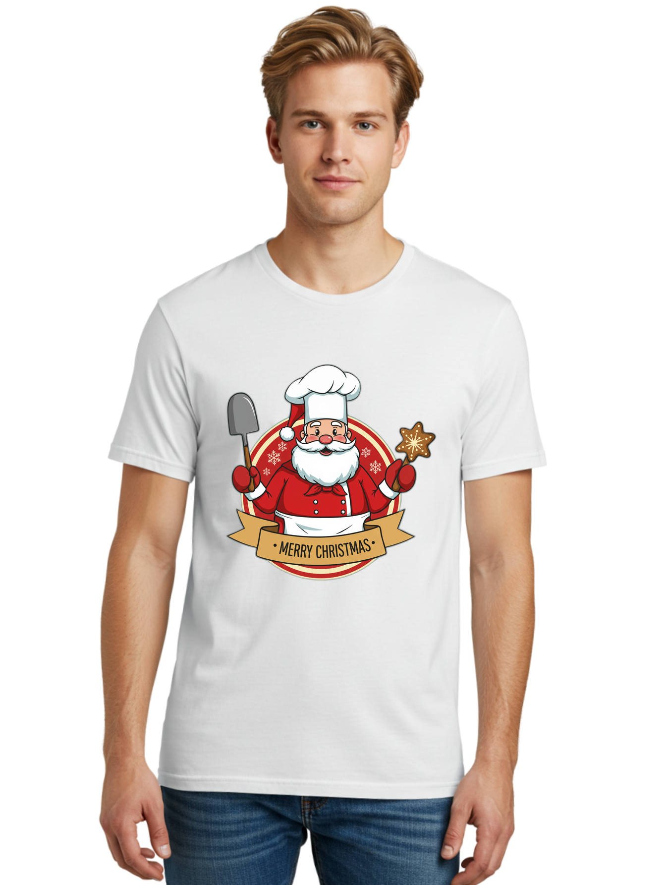 Merry-Christmas-Santa-1 Men'S Graphic Tee, 100% Cotton, Comfortable Casual Summer Wear, Machine Washable, Santa Claus As A Chef, Merry Christmas Banner, Gingerbread Star, Red And White Uniform, Snowflakes, Holiday Baking, Festive Season, Bac186