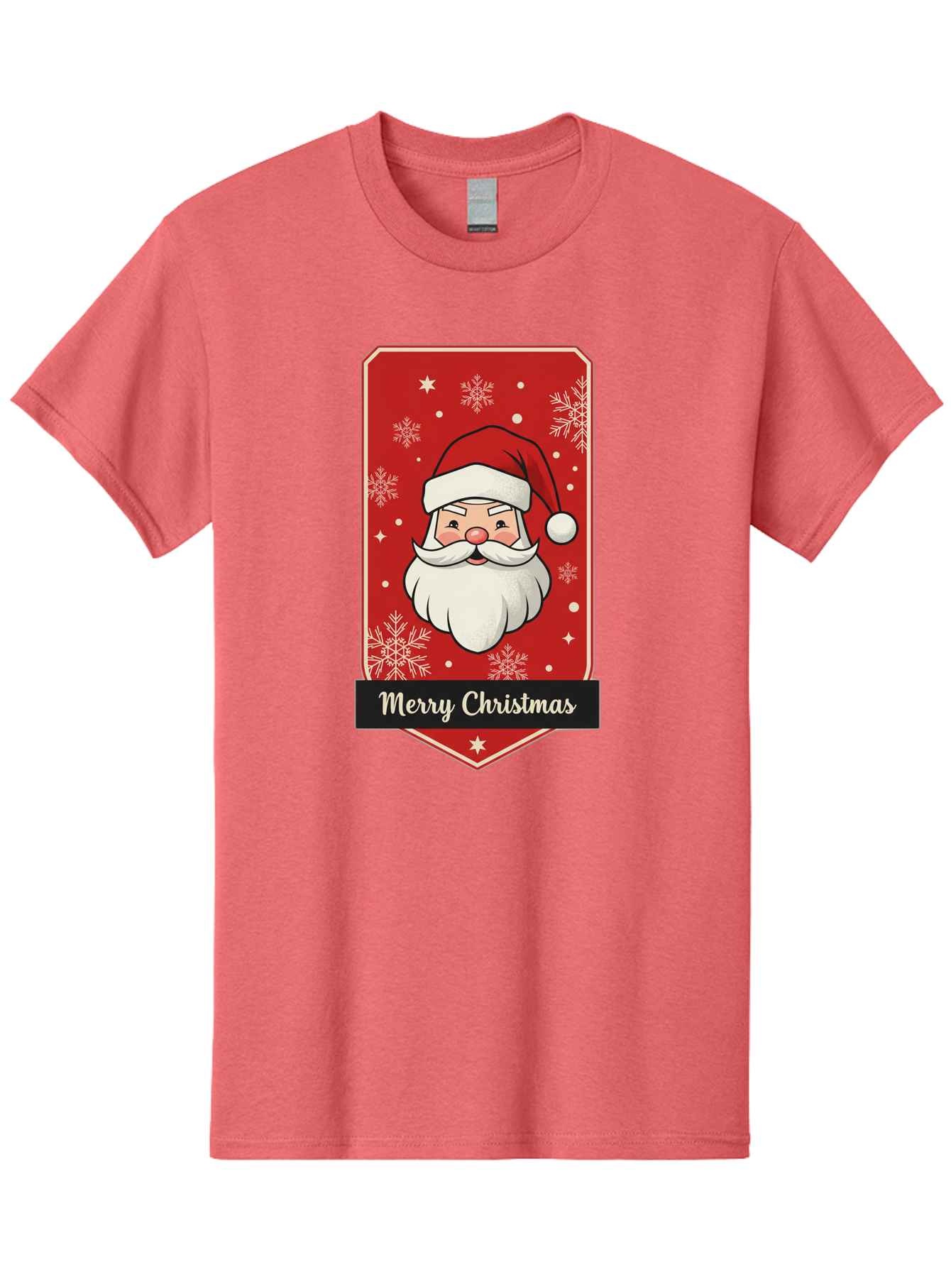 Merry-Christmas-Santa Men'S Graphic Tee, 100% Cotton, Comfortable Casual Summer Wear, Machine Washable, Christmas Badge, Merry Christmas, Santa Claus, Festive Design, Holiday Greeting, Cartoon Santa, Red And White, Snowflakes, Bac187