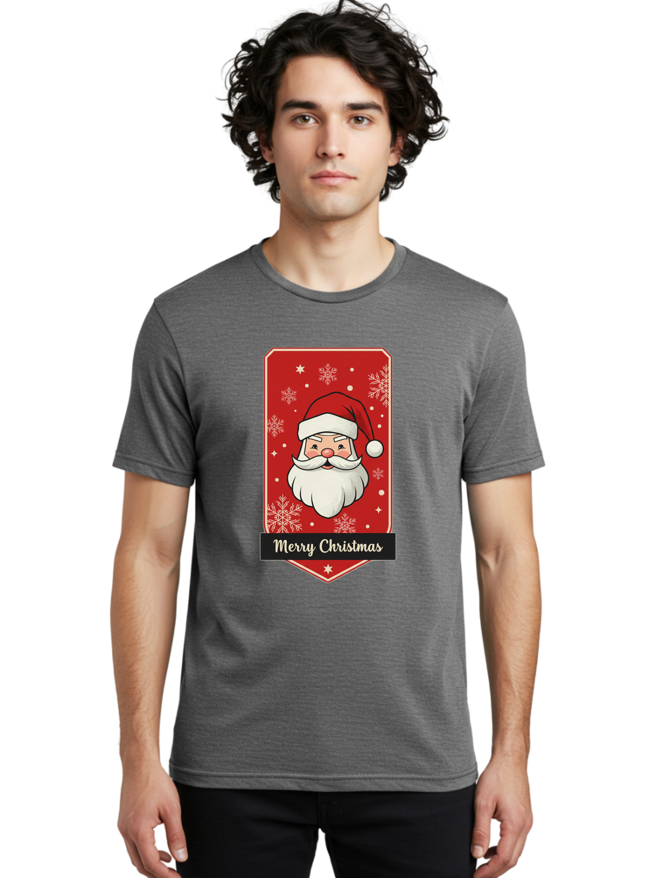 Merry-Christmas-Santa Men'S Graphic Tee, 100% Cotton, Comfortable Casual Summer Wear, Machine Washable, Christmas Badge, Merry Christmas, Santa Claus, Festive Design, Holiday Greeting, Cartoon Santa, Red And White, Snowflakes, Bac187