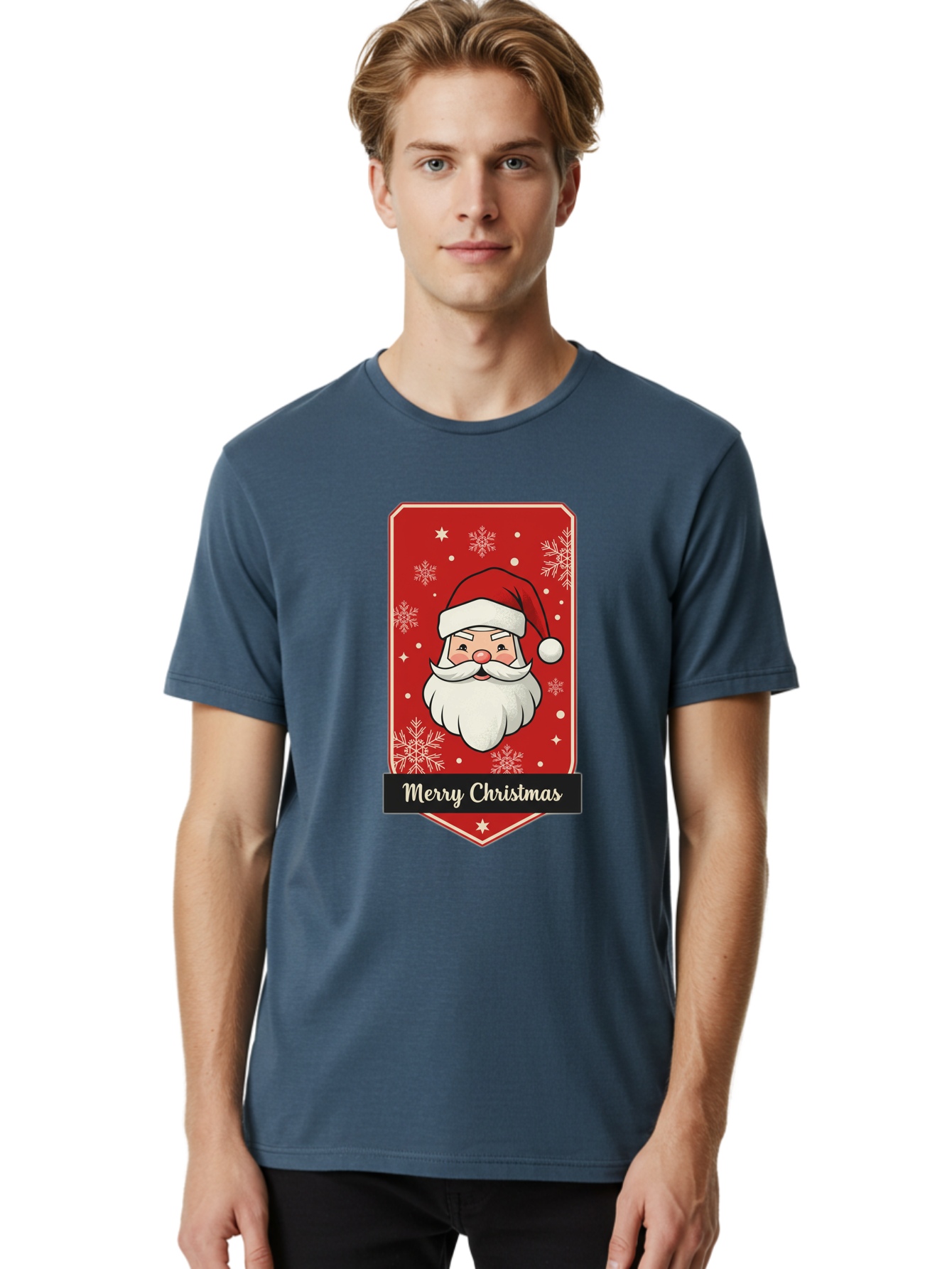 Merry-Christmas-Santa Men'S Graphic Tee, 100% Cotton, Comfortable Casual Summer Wear, Machine Washable, Christmas Badge, Merry Christmas, Santa Claus, Festive Design, Holiday Greeting, Cartoon Santa, Red And White, Snowflakes, Bac187