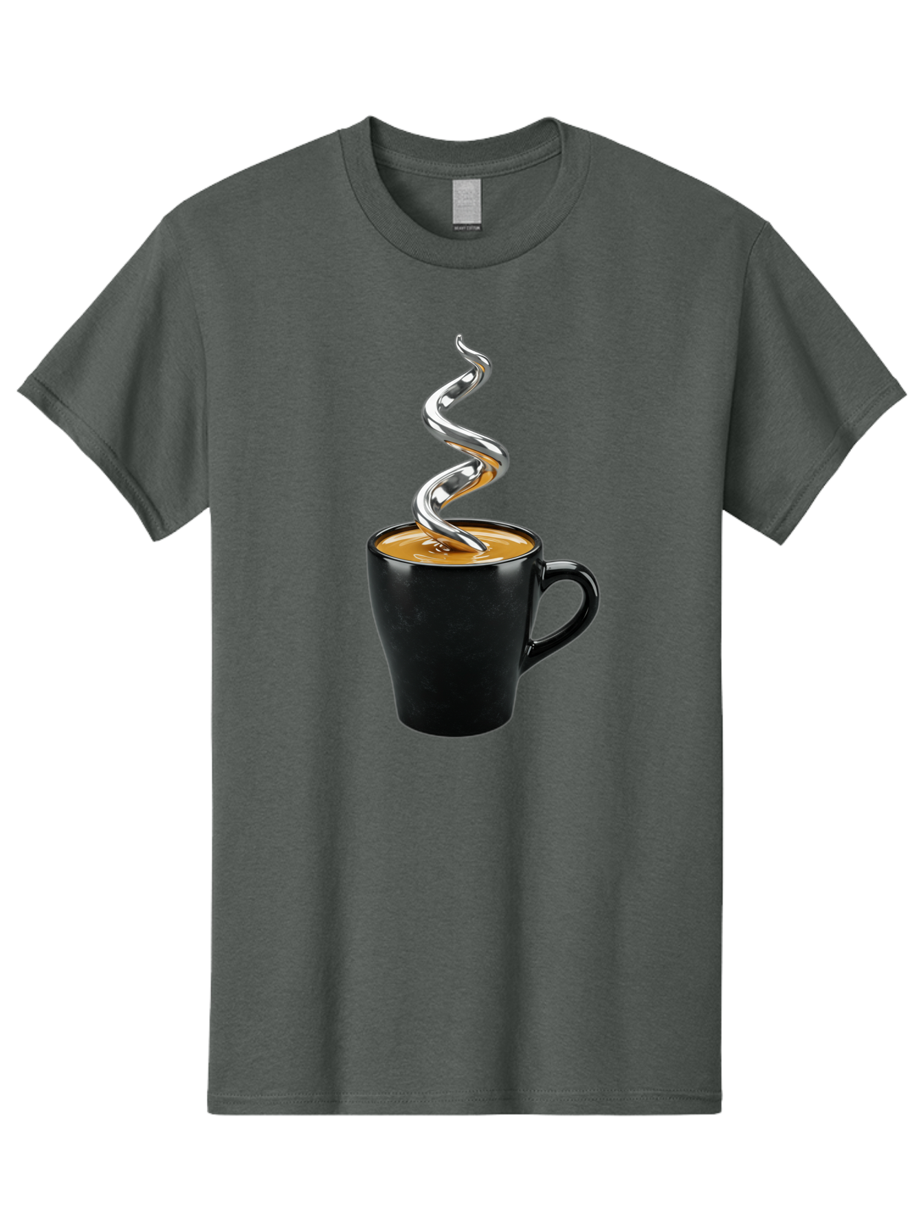 Metal-Steam-Coffee Men'S Graphic Tee, 100% Cotton, Comfortable Casual Summer Wear, Machine Washable, Coffee Cup, Black Mug, Brown Coffee, Spiral Steam, Silver Steam, Morning Coffee, Coffee Break, Hot Coffee, Caffeine Boost Bac188