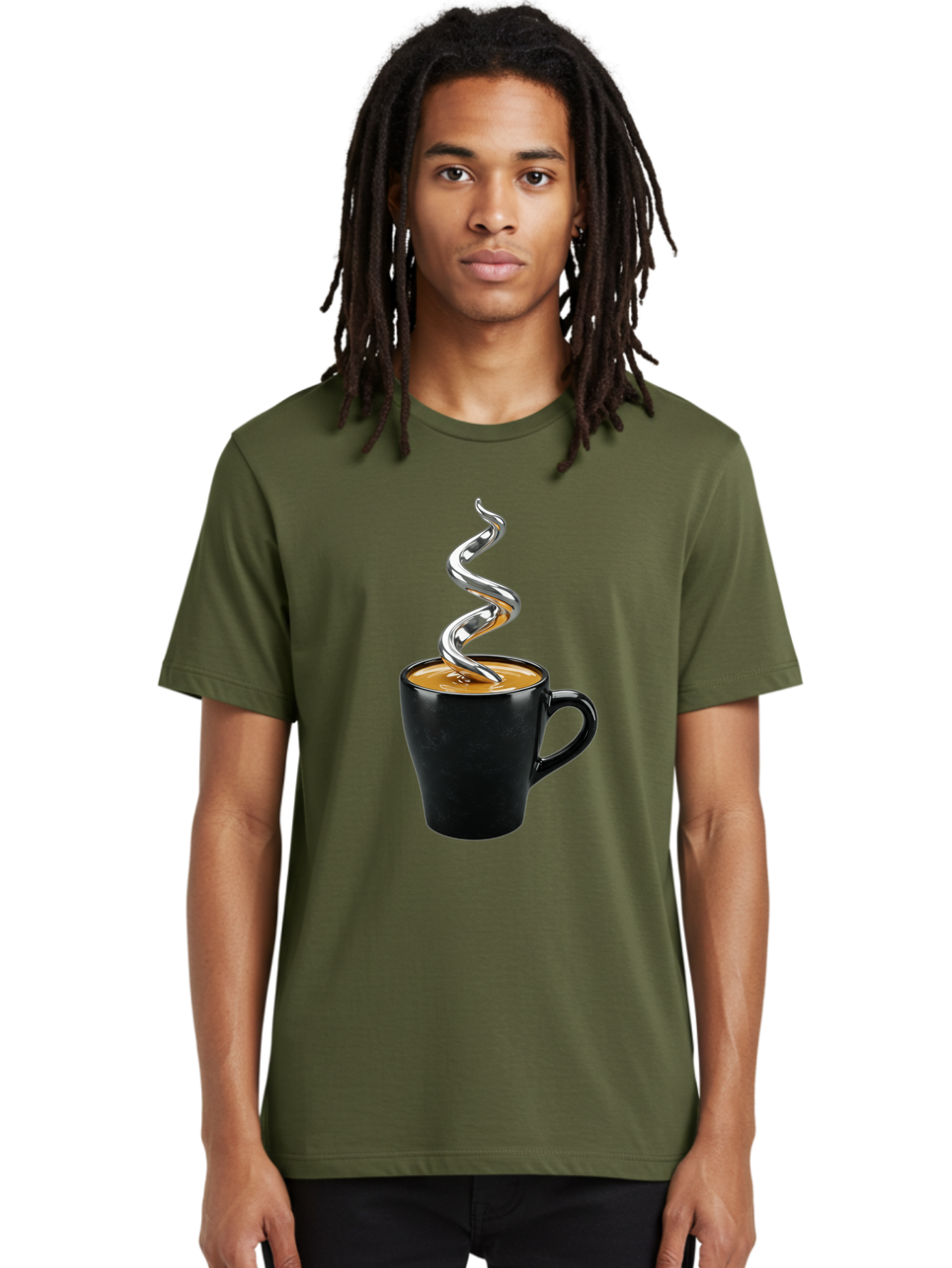 Metal-Steam-Coffee Men'S Graphic Tee, 100% Cotton, Comfortable Casual Summer Wear, Machine Washable, Coffee Cup, Black Mug, Brown Coffee, Spiral Steam, Silver Steam, Morning Coffee, Coffee Break, Hot Coffee, Caffeine Boost Bac188