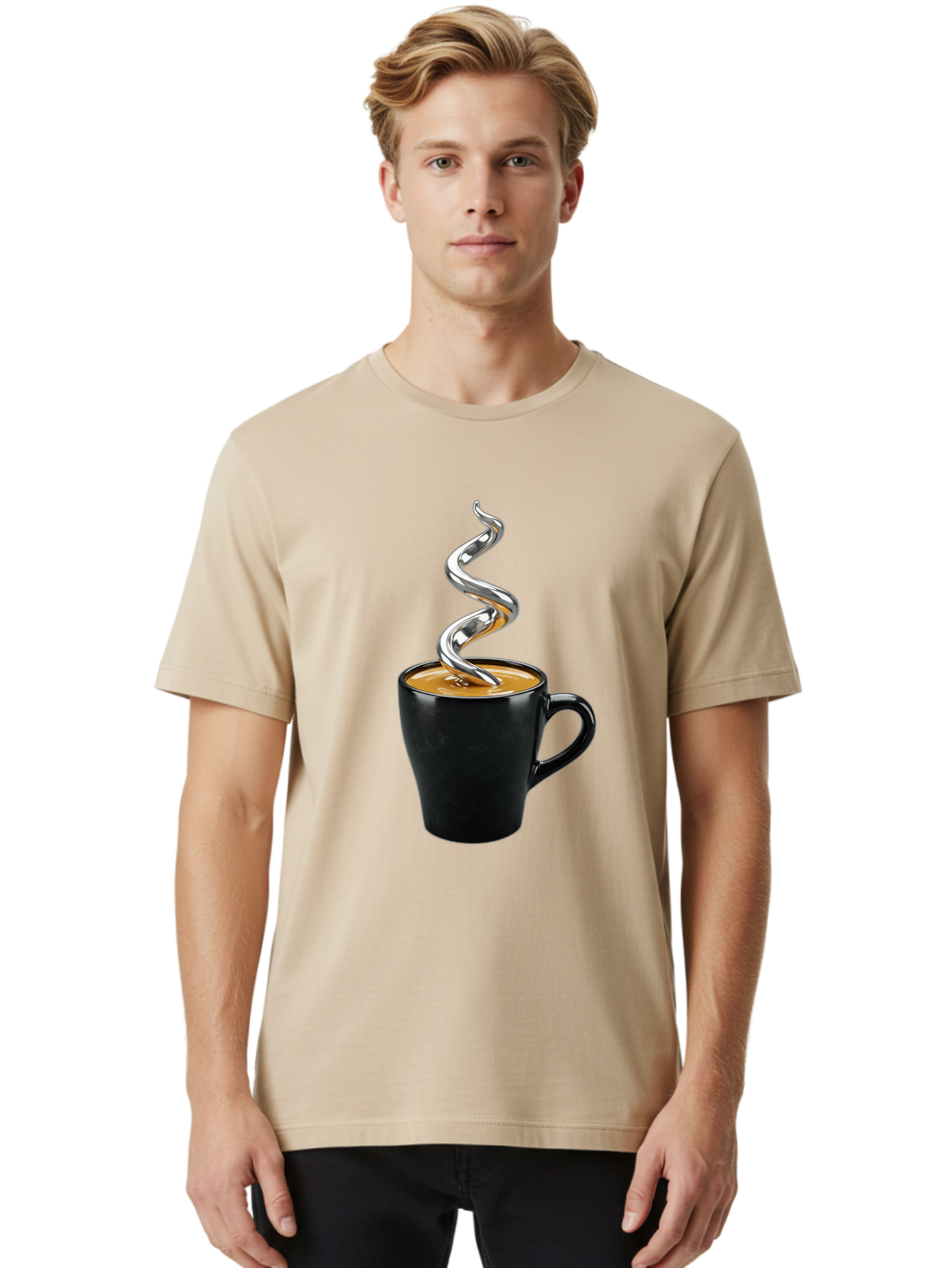 Metal-Steam-Coffee Men'S Graphic Tee, 100% Cotton, Comfortable Casual Summer Wear, Machine Washable, Coffee Cup, Black Mug, Brown Coffee, Spiral Steam, Silver Steam, Morning Coffee, Coffee Break, Hot Coffee, Caffeine Boost Bac188