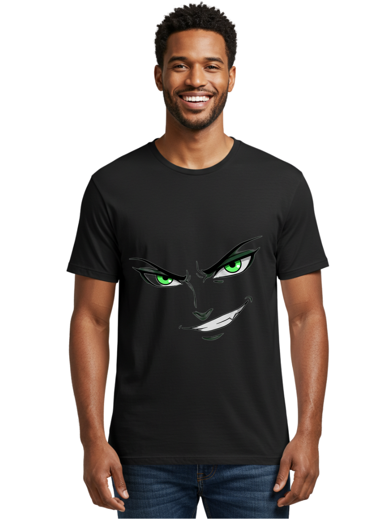 Mischievous-Face Men'S Graphic Tee, 100% Cotton, Comfortable Casual Summer Wear, Machine Washable, Cartoon Joker Face, Evil Grin, Menacing Stare, Green Eyes, Black Eyeliner, Comic Book Style, Villainous Character, Sinister Smile, Playful Tone, Bac189