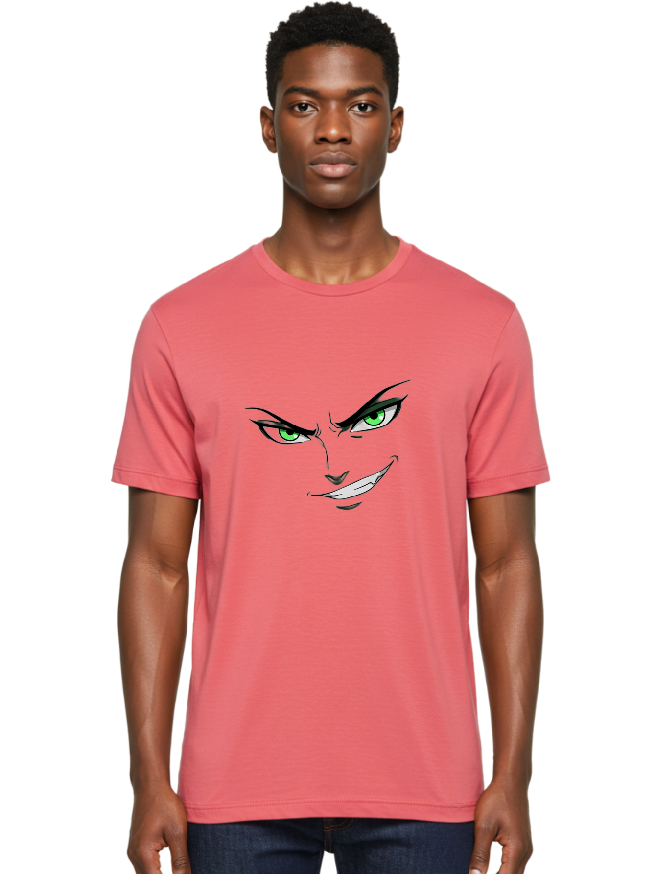 Mischievous-Face Men'S Graphic Tee, 100% Cotton, Comfortable Casual Summer Wear, Machine Washable, Cartoon Joker Face, Evil Grin, Menacing Stare, Green Eyes, Black Eyeliner, Comic Book Style, Villainous Character, Sinister Smile, Playful Tone, Bac189
