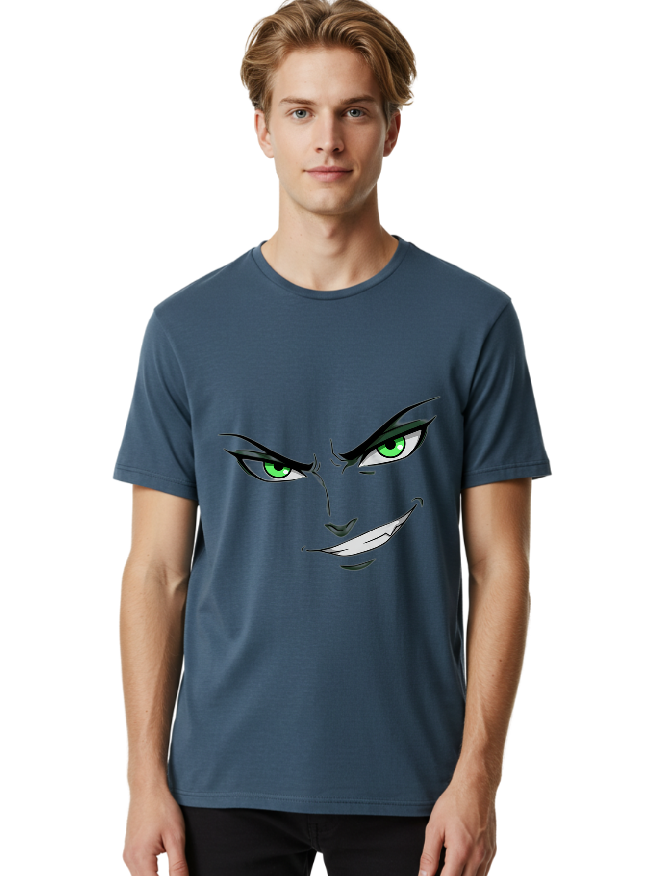 Mischievous-Face Men'S Graphic Tee, 100% Cotton, Comfortable Casual Summer Wear, Machine Washable, Cartoon Joker Face, Evil Grin, Menacing Stare, Green Eyes, Black Eyeliner, Comic Book Style, Villainous Character, Sinister Smile, Playful Tone, Bac189