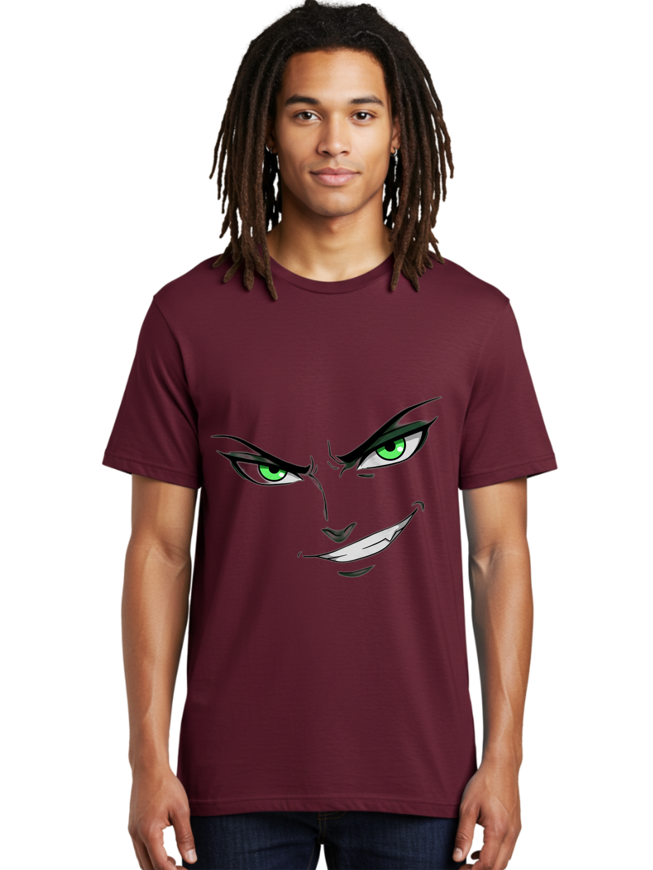 Mischievous-Face Men'S Graphic Tee, 100% Cotton, Comfortable Casual Summer Wear, Machine Washable, Cartoon Joker Face, Evil Grin, Menacing Stare, Green Eyes, Black Eyeliner, Comic Book Style, Villainous Character, Sinister Smile, Playful Tone, Bac189