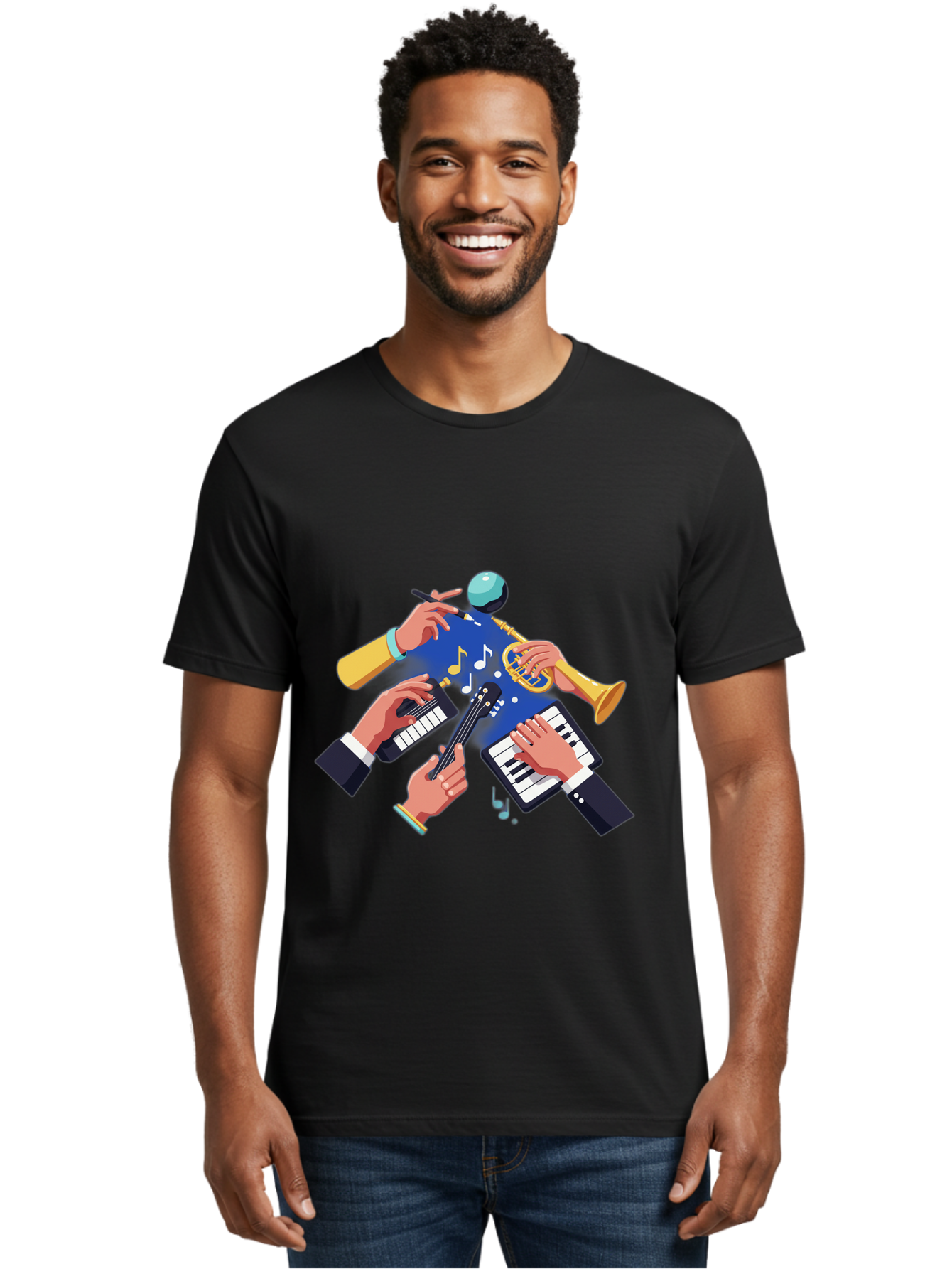 Music-Maestro Men'S Graphic Tee, 100% Cotton, Comfortable Casual Summer Wear, Machine Washable, Musical Man, Multiple Instruments, Creative Music, Diverse Instrumentation, Harmonious Sound, Innovative Art, Music Lover, Melodious Harmony, Bac190