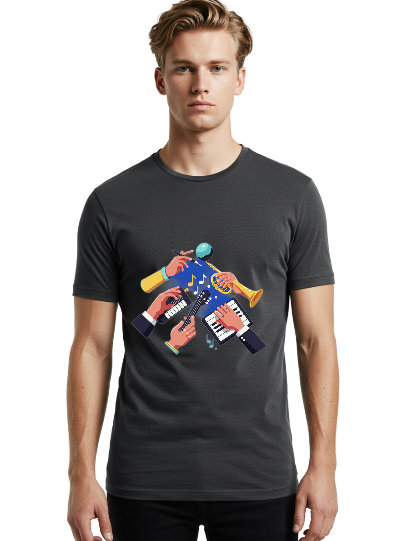 Music-Maestro Men'S Graphic Tee, 100% Cotton, Comfortable Casual Summer Wear, Machine Washable, Musical Man, Multiple Instruments, Creative Music, Diverse Instrumentation, Harmonious Sound, Innovative Art, Music Lover, Melodious Harmony, Bac190