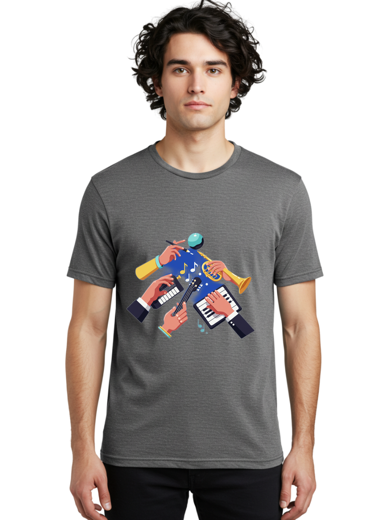 Music-Maestro Men'S Graphic Tee, 100% Cotton, Comfortable Casual Summer Wear, Machine Washable, Musical Man, Multiple Instruments, Creative Music, Diverse Instrumentation, Harmonious Sound, Innovative Art, Music Lover, Melodious Harmony, Bac190