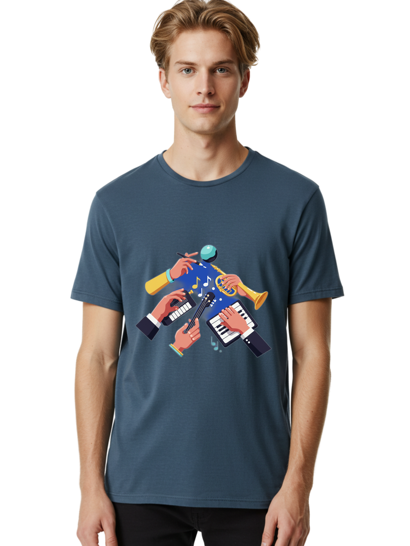 Music-Maestro Men'S Graphic Tee, 100% Cotton, Comfortable Casual Summer Wear, Machine Washable, Musical Man, Multiple Instruments, Creative Music, Diverse Instrumentation, Harmonious Sound, Innovative Art, Music Lover, Melodious Harmony, Bac190
