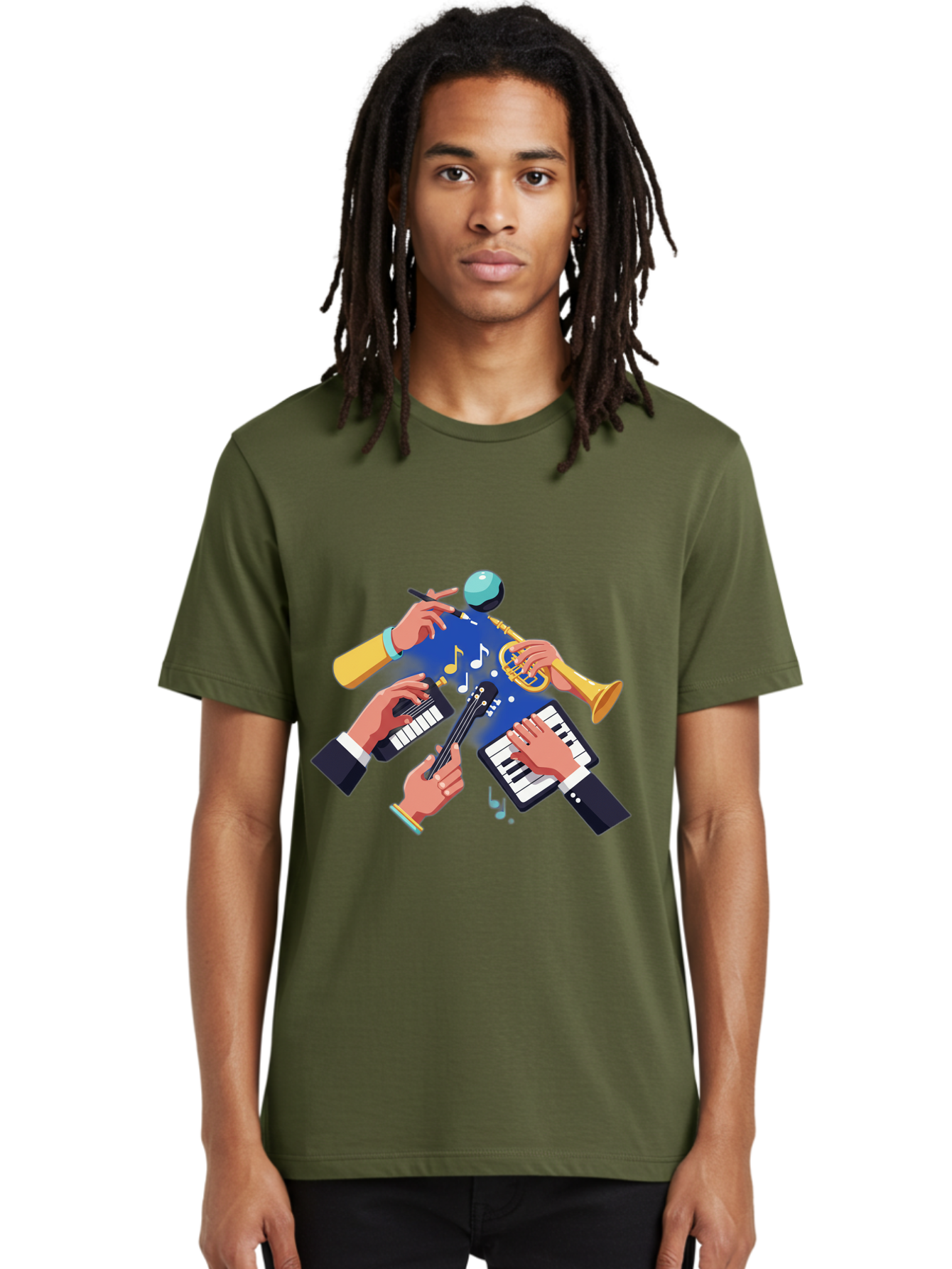 Music-Maestro Men'S Graphic Tee, 100% Cotton, Comfortable Casual Summer Wear, Machine Washable, Musical Man, Multiple Instruments, Creative Music, Diverse Instrumentation, Harmonious Sound, Innovative Art, Music Lover, Melodious Harmony, Bac190
