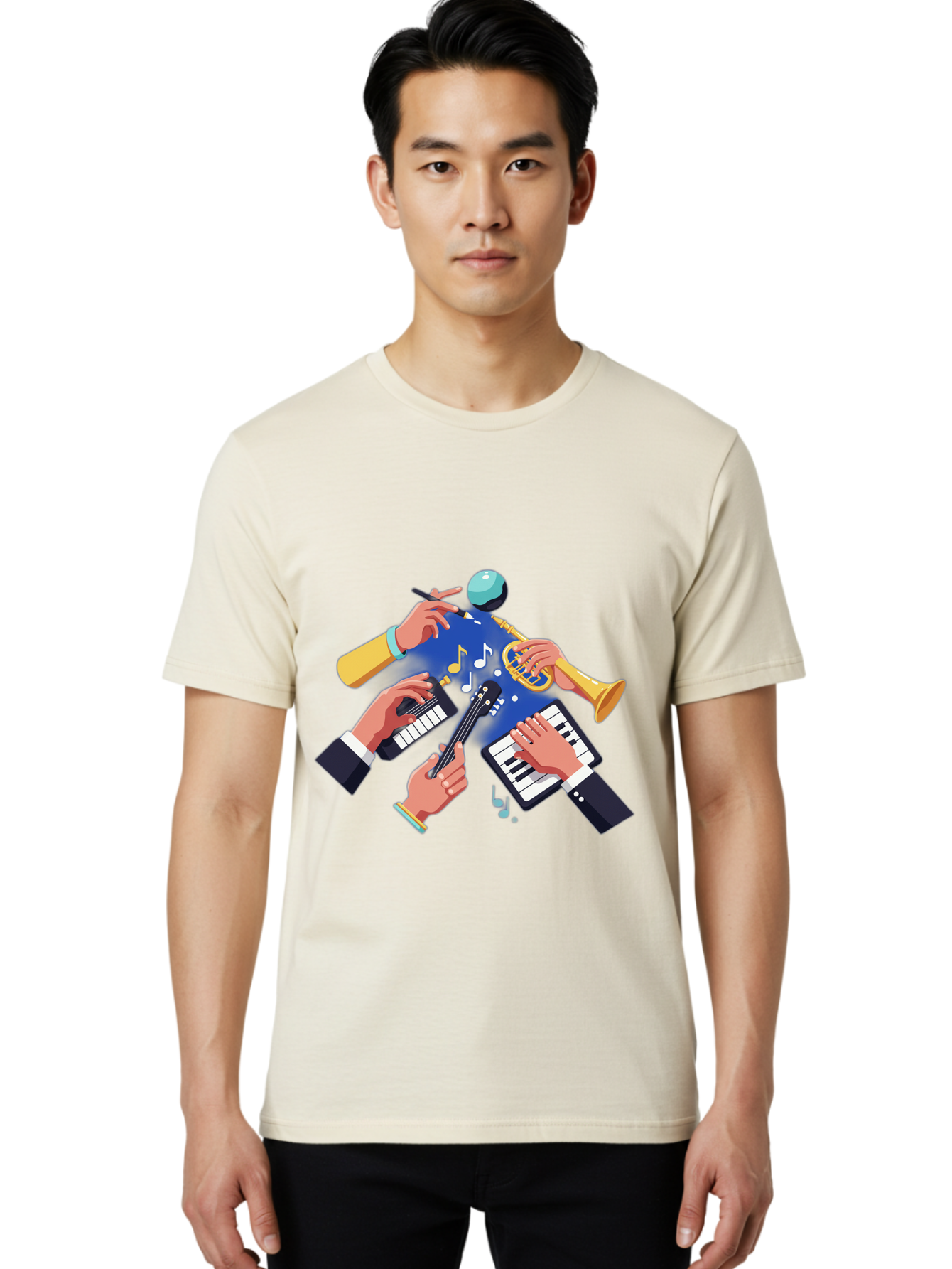 Music-Maestro Men'S Graphic Tee, 100% Cotton, Comfortable Casual Summer Wear, Machine Washable, Musical Man, Multiple Instruments, Creative Music, Diverse Instrumentation, Harmonious Sound, Innovative Art, Music Lover, Melodious Harmony, Bac190