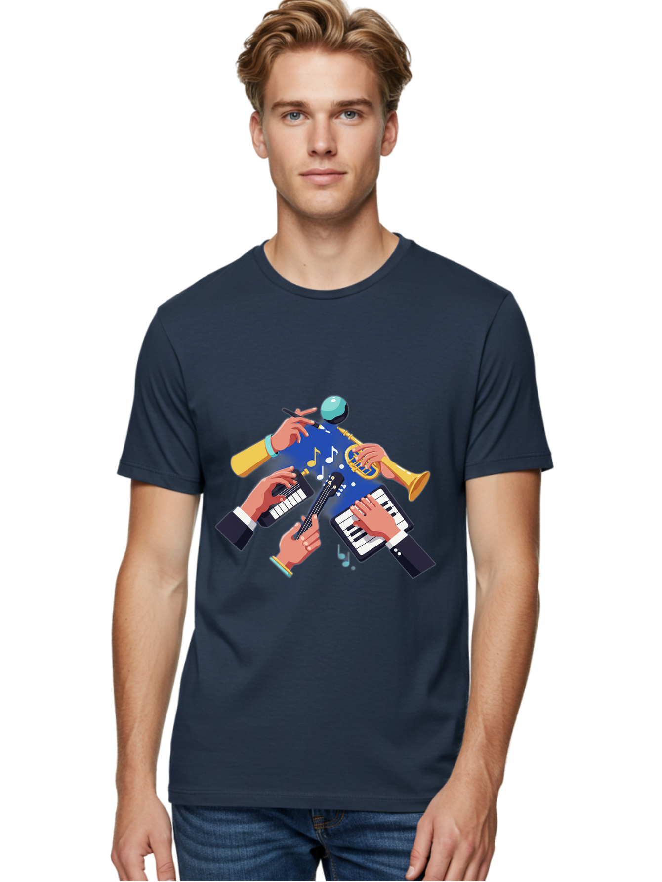 Music-Maestro Men'S Graphic Tee, 100% Cotton, Comfortable Casual Summer Wear, Machine Washable, Musical Man, Multiple Instruments, Creative Music, Diverse Instrumentation, Harmonious Sound, Innovative Art, Music Lover, Melodious Harmony, Bac190