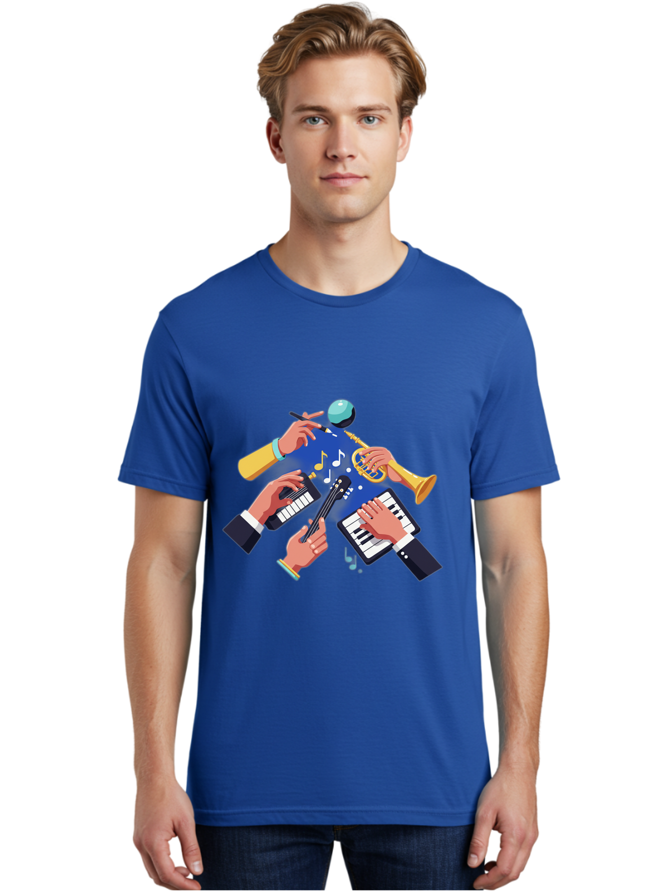 Music-Maestro Men'S Graphic Tee, 100% Cotton, Comfortable Casual Summer Wear, Machine Washable, Musical Man, Multiple Instruments, Creative Music, Diverse Instrumentation, Harmonious Sound, Innovative Art, Music Lover, Melodious Harmony, Bac190