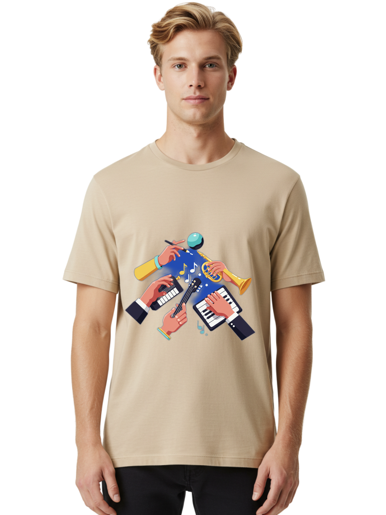 Music-Maestro Men'S Graphic Tee, 100% Cotton, Comfortable Casual Summer Wear, Machine Washable, Musical Man, Multiple Instruments, Creative Music, Diverse Instrumentation, Harmonious Sound, Innovative Art, Music Lover, Melodious Harmony, Bac190