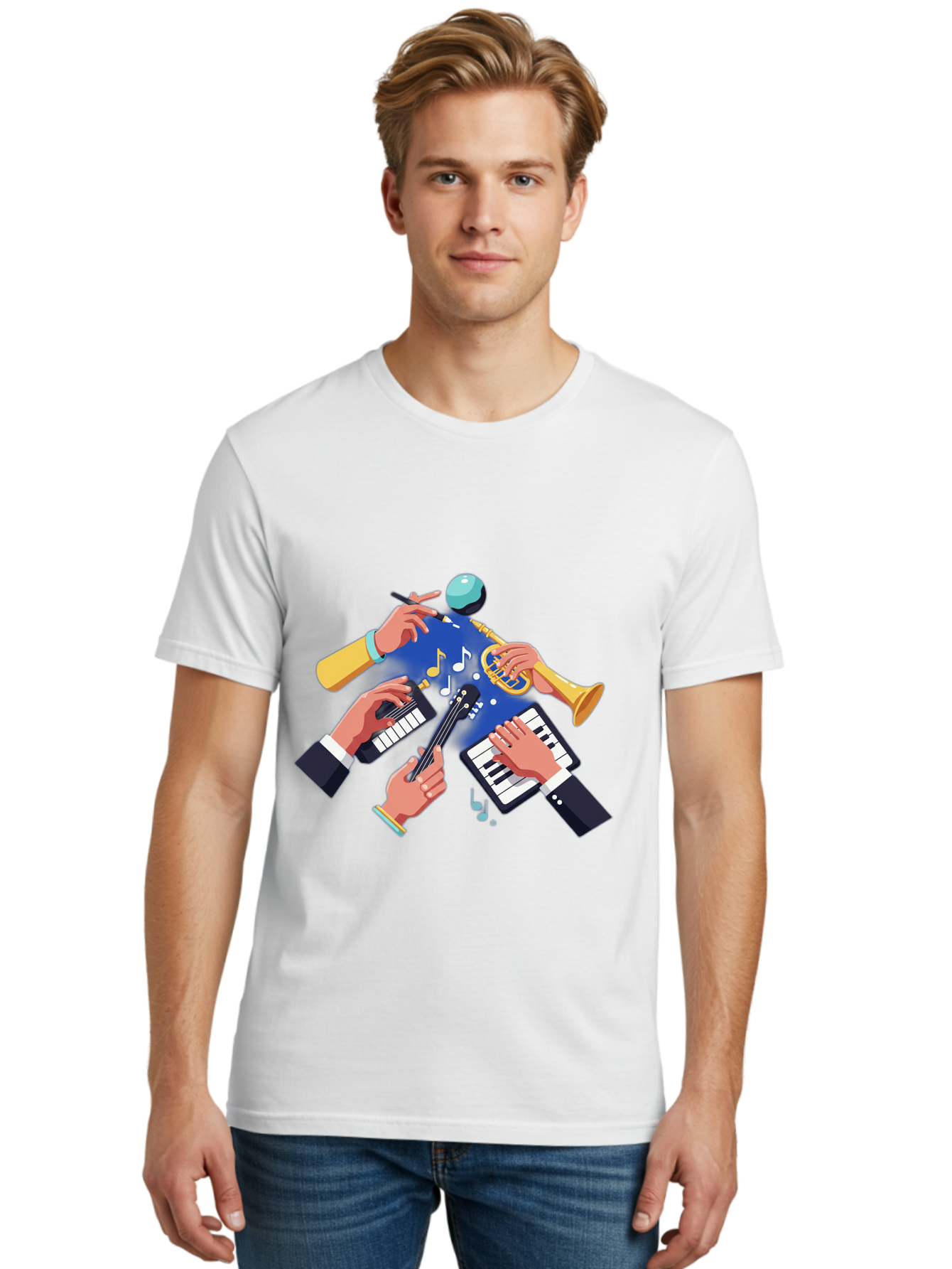 Music-Maestro Men'S Graphic Tee, 100% Cotton, Comfortable Casual Summer Wear, Machine Washable, Musical Man, Multiple Instruments, Creative Music, Diverse Instrumentation, Harmonious Sound, Innovative Art, Music Lover, Melodious Harmony, Bac190