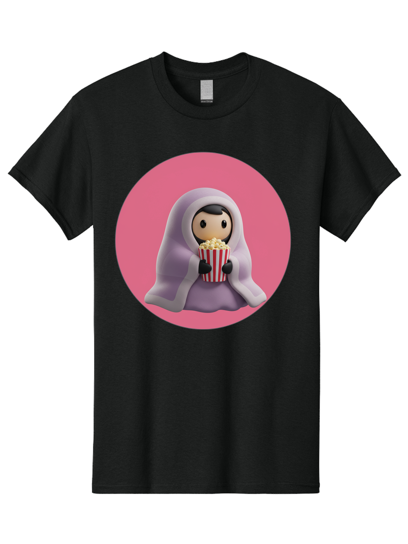 Muslim-Girl-Eating-Popcorn Men'S Graphic Tee, 100% Cotton, Comfortable Casual Summer Wear, Machine Washable, Muslim Girl Eating Popcorn, Cartoon Character, Purple Hijab, Red And White Striped Bucket, Funny Illustration, Kawaii Art, Bac192