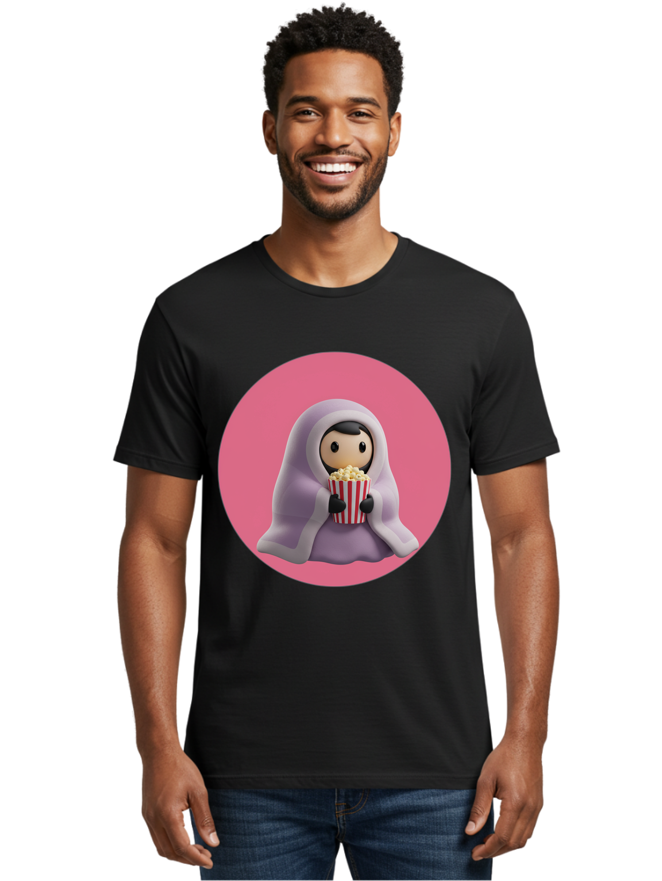 Muslim-Girl-Eating-Popcorn Men'S Graphic Tee, 100% Cotton, Comfortable Casual Summer Wear, Machine Washable, Muslim Girl Eating Popcorn, Cartoon Character, Purple Hijab, Red And White Striped Bucket, Funny Illustration, Kawaii Art, Bac192