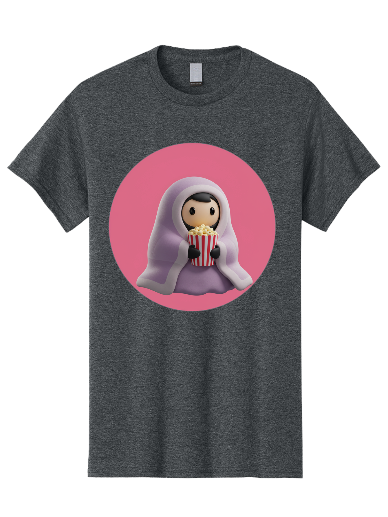Muslim-Girl-Eating-Popcorn Men'S Graphic Tee, 100% Cotton, Comfortable Casual Summer Wear, Machine Washable, Muslim Girl Eating Popcorn, Cartoon Character, Purple Hijab, Red And White Striped Bucket, Funny Illustration, Kawaii Art, Bac192