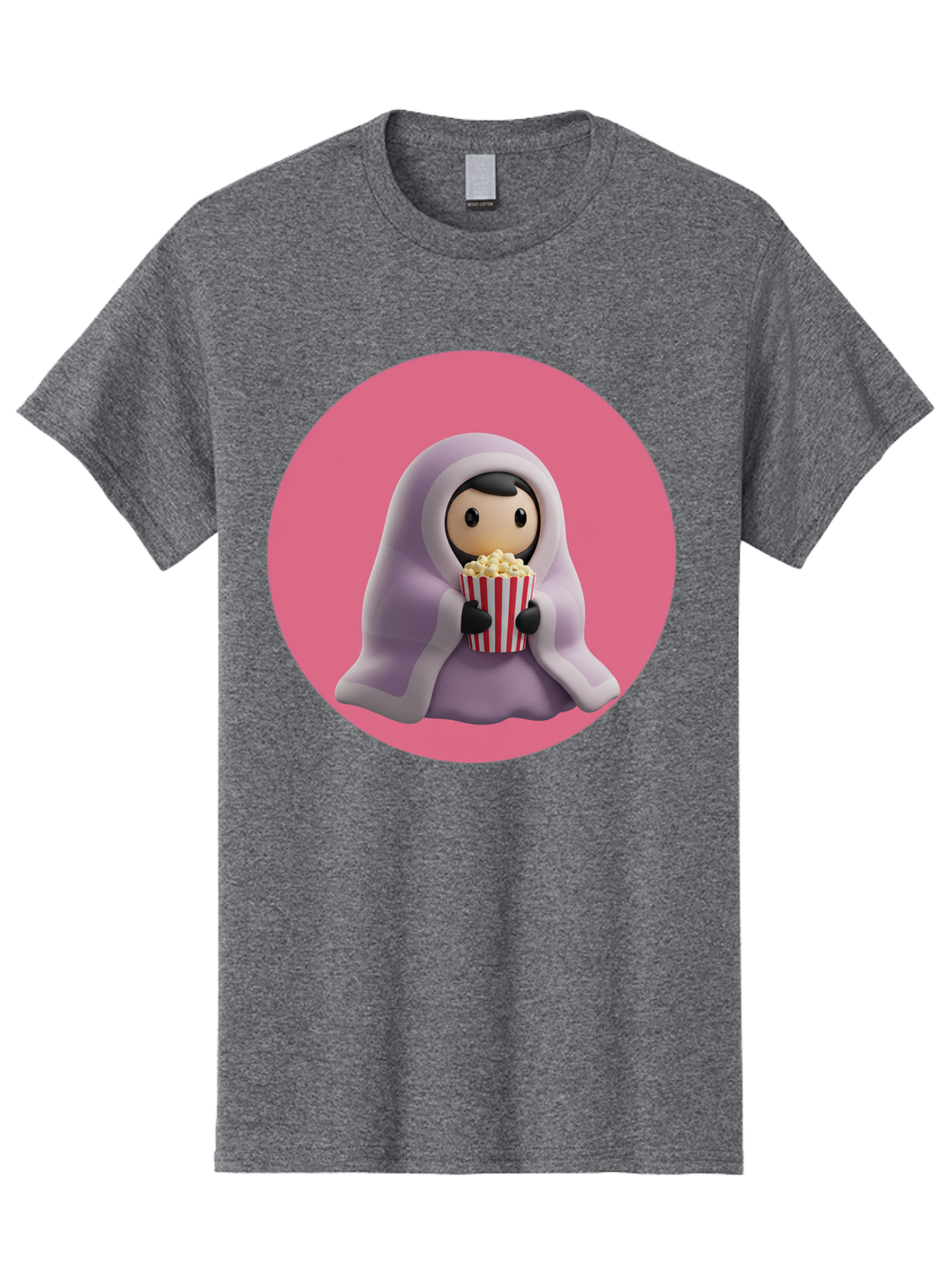 Muslim-Girl-Eating-Popcorn Men'S Graphic Tee, 100% Cotton, Comfortable Casual Summer Wear, Machine Washable, Muslim Girl Eating Popcorn, Cartoon Character, Purple Hijab, Red And White Striped Bucket, Funny Illustration, Kawaii Art, Bac192