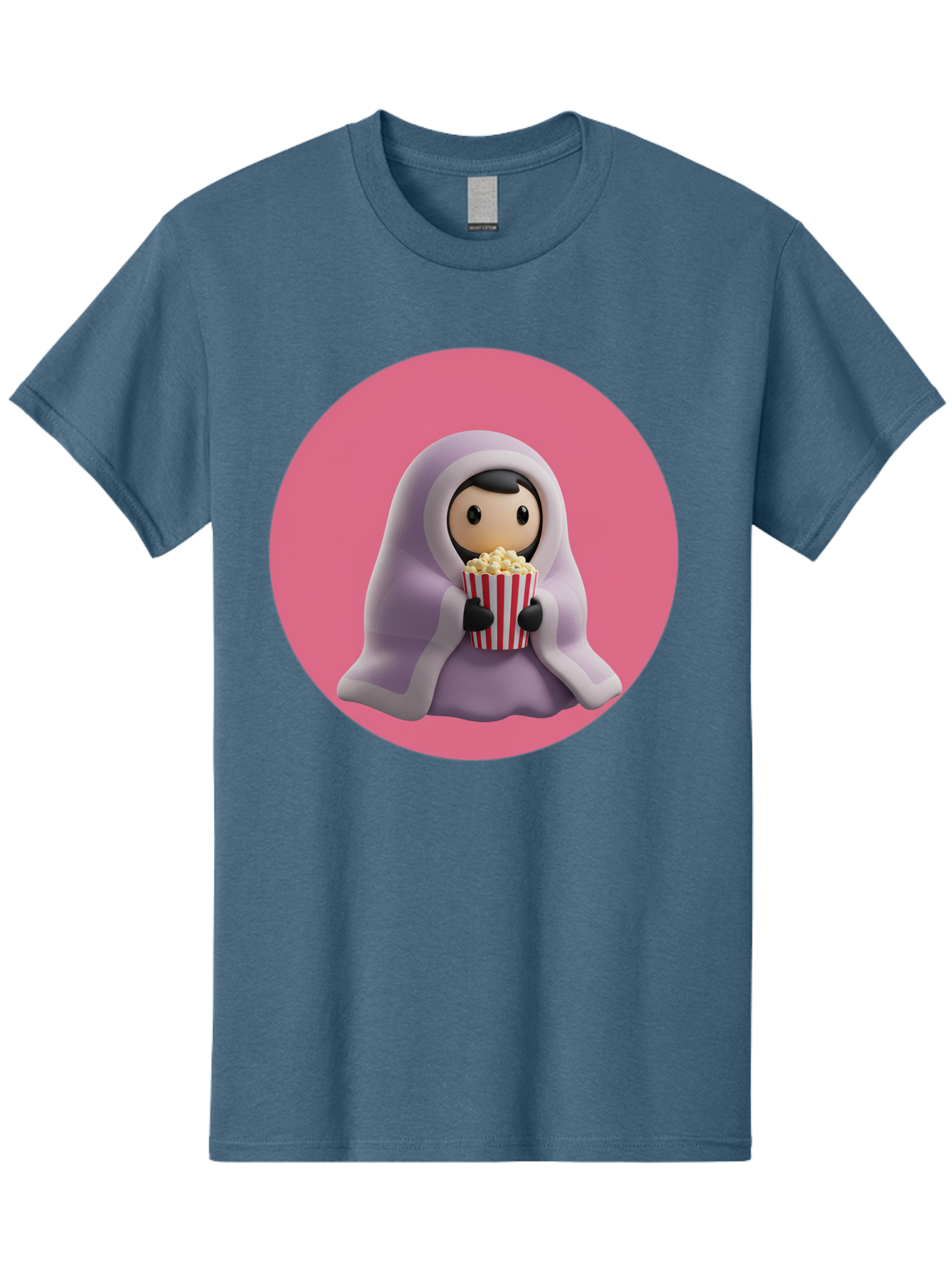 Muslim-Girl-Eating-Popcorn Men'S Graphic Tee, 100% Cotton, Comfortable Casual Summer Wear, Machine Washable, Muslim Girl Eating Popcorn, Cartoon Character, Purple Hijab, Red And White Striped Bucket, Funny Illustration, Kawaii Art, Bac192