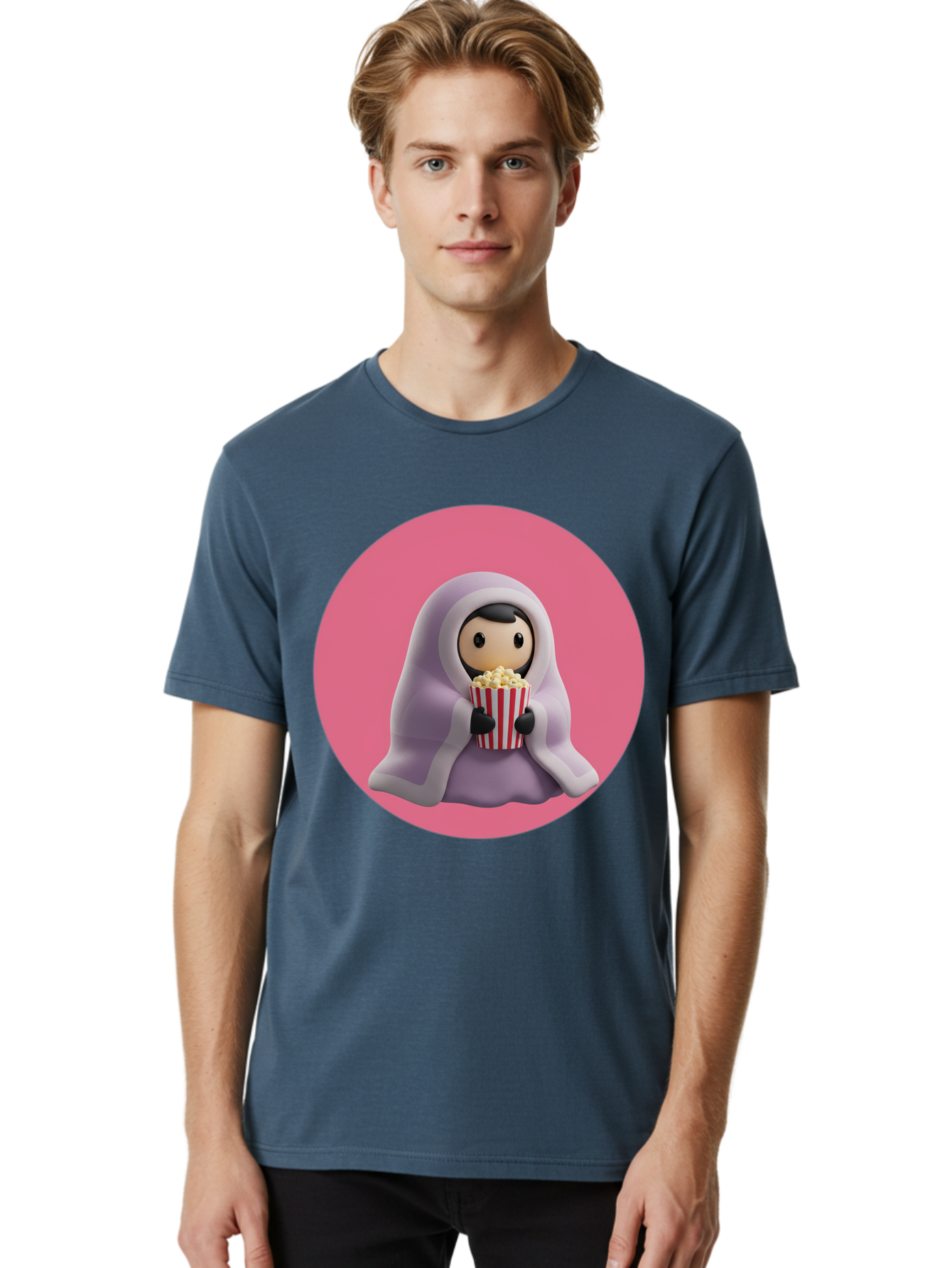 Muslim-Girl-Eating-Popcorn Men'S Graphic Tee, 100% Cotton, Comfortable Casual Summer Wear, Machine Washable, Muslim Girl Eating Popcorn, Cartoon Character, Purple Hijab, Red And White Striped Bucket, Funny Illustration, Kawaii Art, Bac192