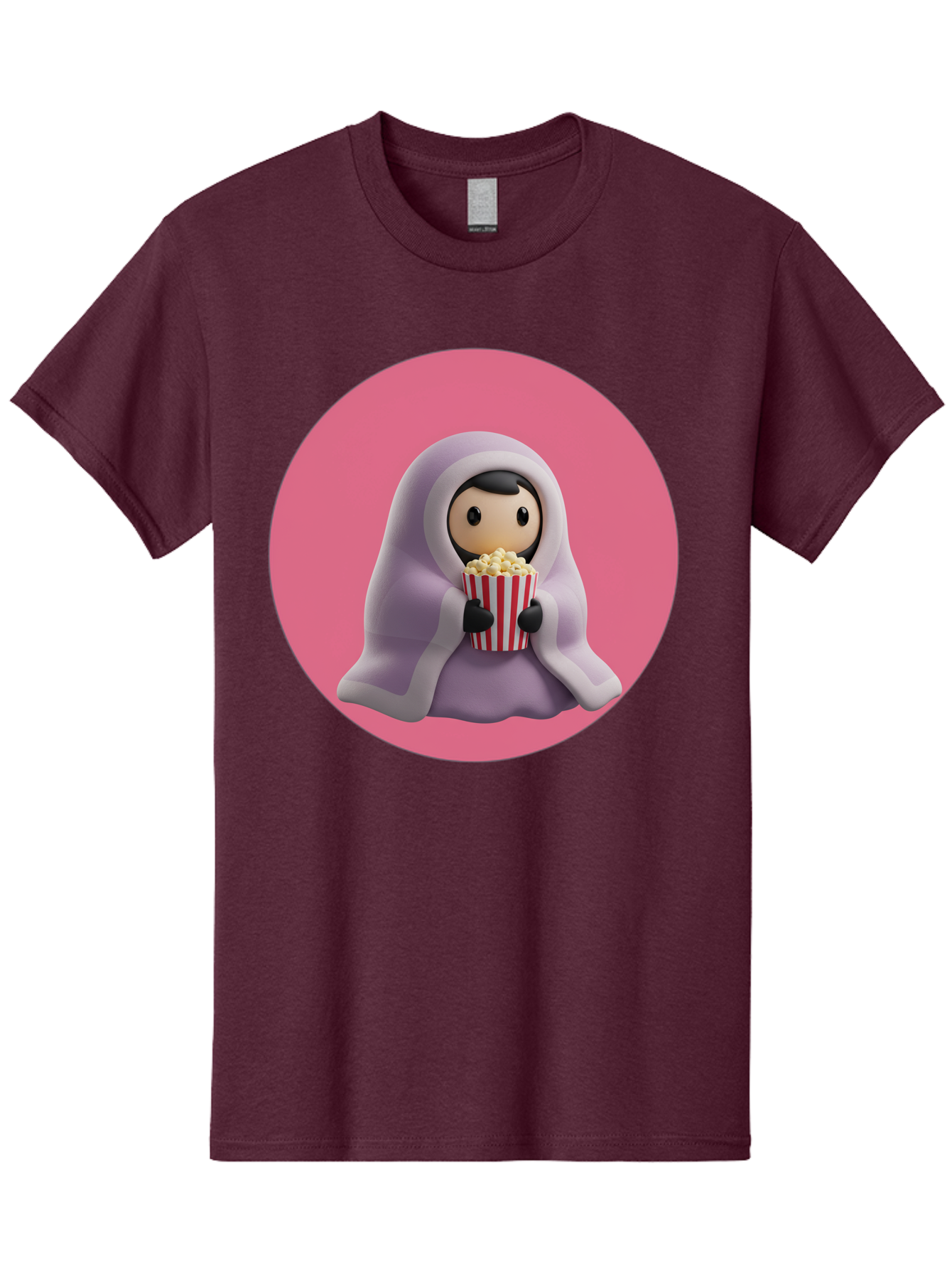 Muslim-Girl-Eating-Popcorn Men'S Graphic Tee, 100% Cotton, Comfortable Casual Summer Wear, Machine Washable, Muslim Girl Eating Popcorn, Cartoon Character, Purple Hijab, Red And White Striped Bucket, Funny Illustration, Kawaii Art, Bac192