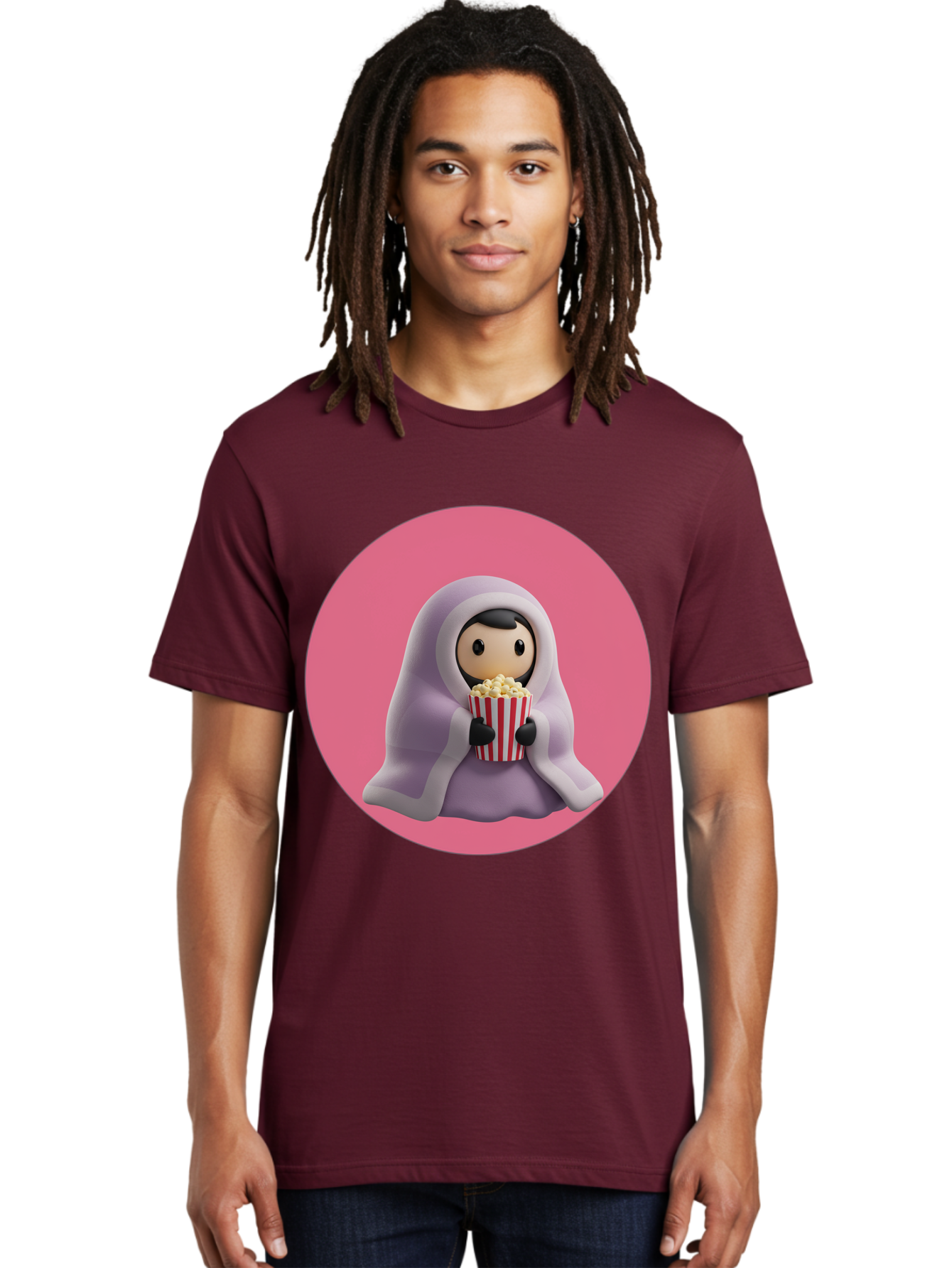 Muslim-Girl-Eating-Popcorn Men'S Graphic Tee, 100% Cotton, Comfortable Casual Summer Wear, Machine Washable, Muslim Girl Eating Popcorn, Cartoon Character, Purple Hijab, Red And White Striped Bucket, Funny Illustration, Kawaii Art, Bac192
