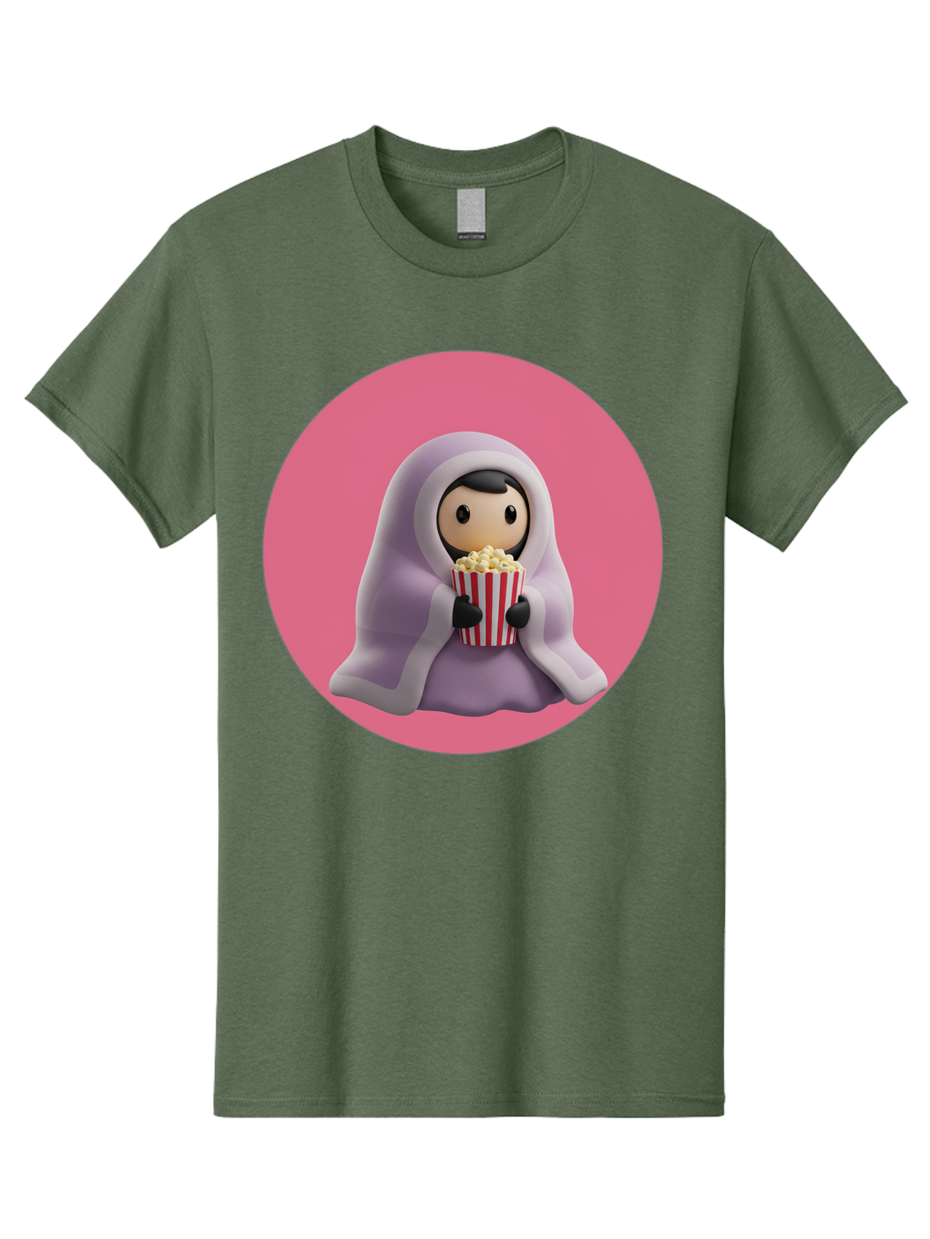 Muslim-Girl-Eating-Popcorn Men'S Graphic Tee, 100% Cotton, Comfortable Casual Summer Wear, Machine Washable, Muslim Girl Eating Popcorn, Cartoon Character, Purple Hijab, Red And White Striped Bucket, Funny Illustration, Kawaii Art, Bac192