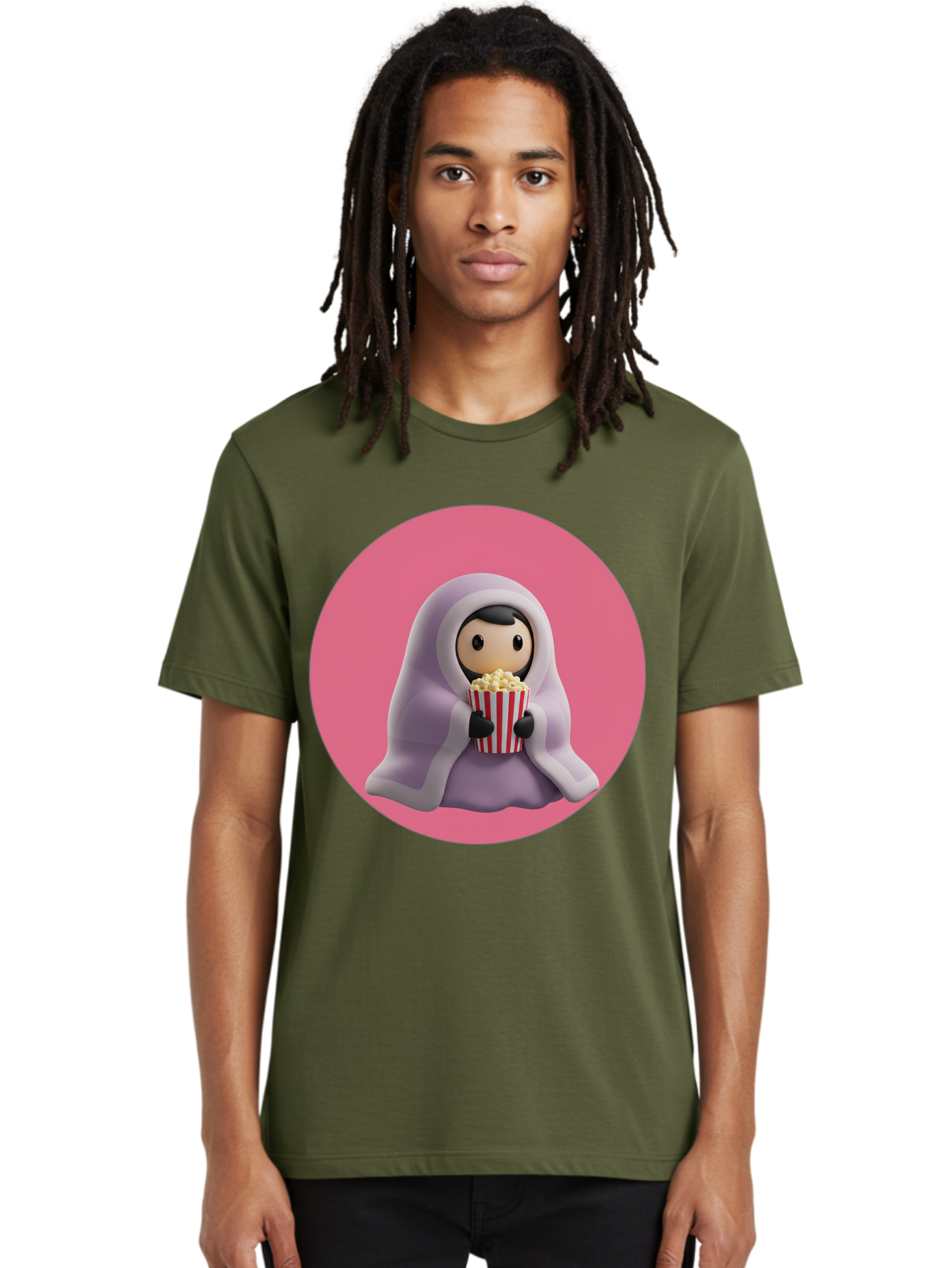 Muslim-Girl-Eating-Popcorn Men'S Graphic Tee, 100% Cotton, Comfortable Casual Summer Wear, Machine Washable, Muslim Girl Eating Popcorn, Cartoon Character, Purple Hijab, Red And White Striped Bucket, Funny Illustration, Kawaii Art, Bac192